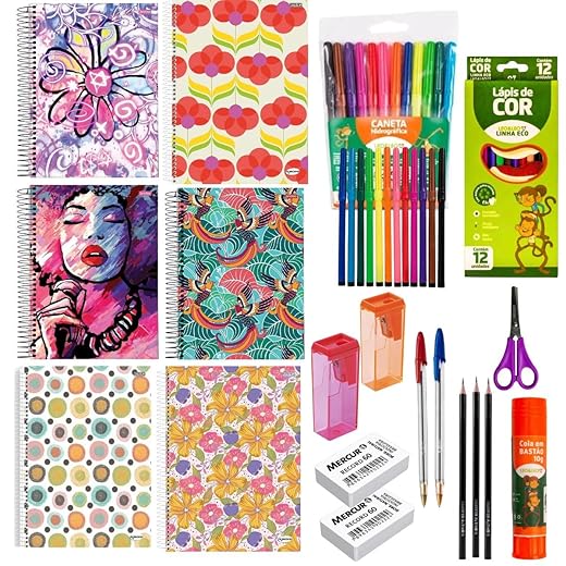 Kit Material Escolar Completo com 35 Itens, Cadernos Espirais, 12 Lápis de Cor, 12 Canetinhas, Tesoura, Cola, Apontador, Para Ensino Fundamental e Médio