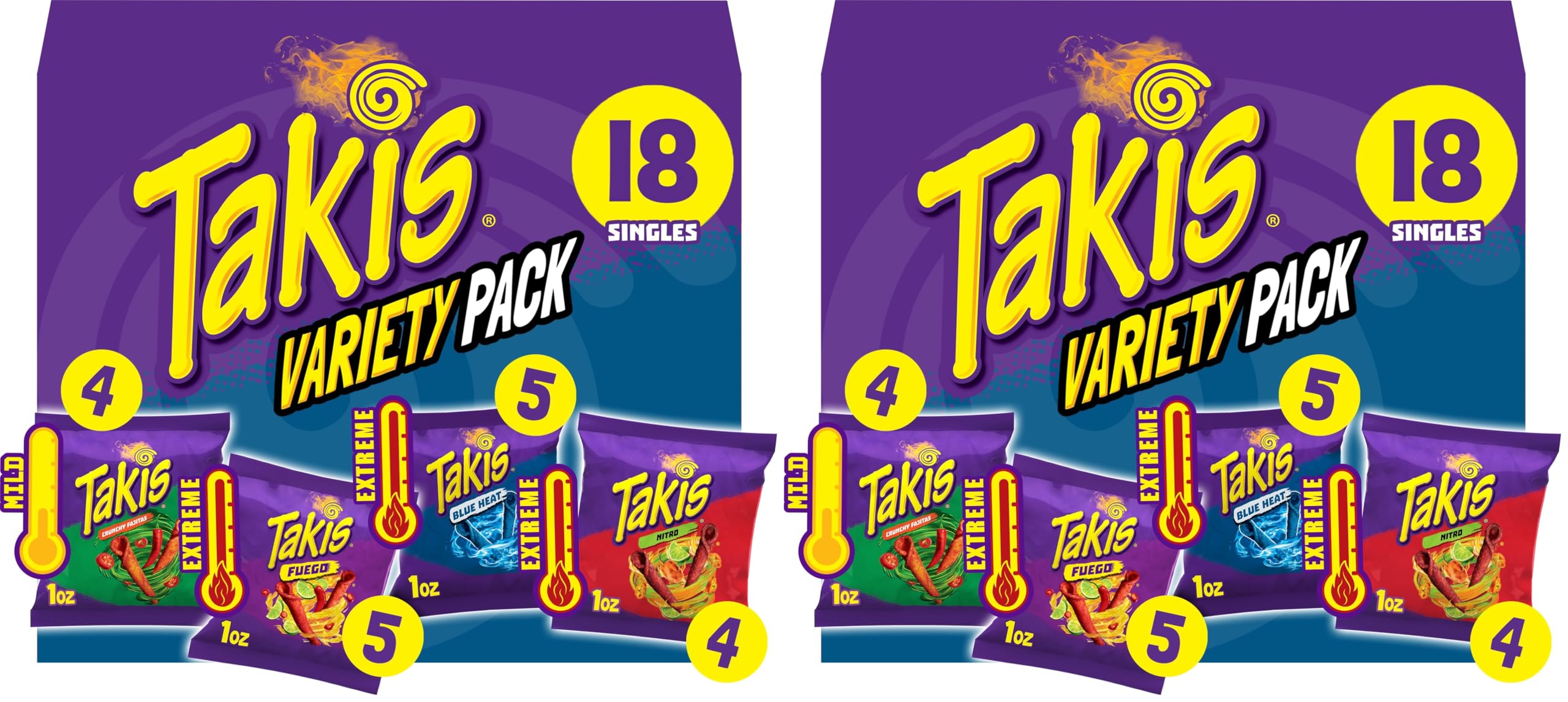 Takis18 pc / 1 oz Variety Pack, Assorted Flavored Mixed Rolled Tortilla Chips – (5) Fuego, (5) Blue Heat, (4) Nitro, (4) Crunchy Fajitas (Pack of 2)