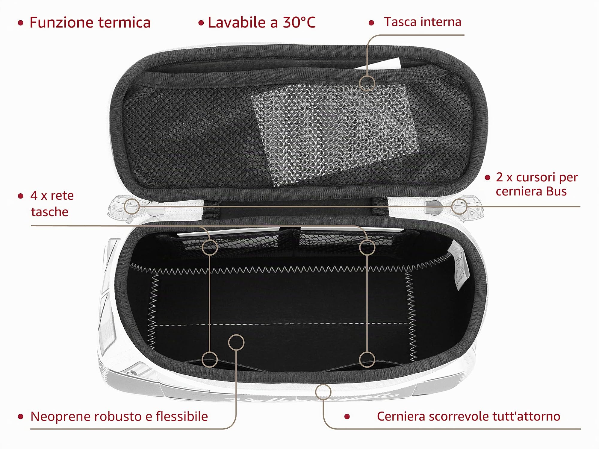 BRISA VW Collection - Volkswagen Beauty-case da viaggio in Neoprene, porta oggetti con manico, Campervan Bus T1 design (Surf/Azzurro)
