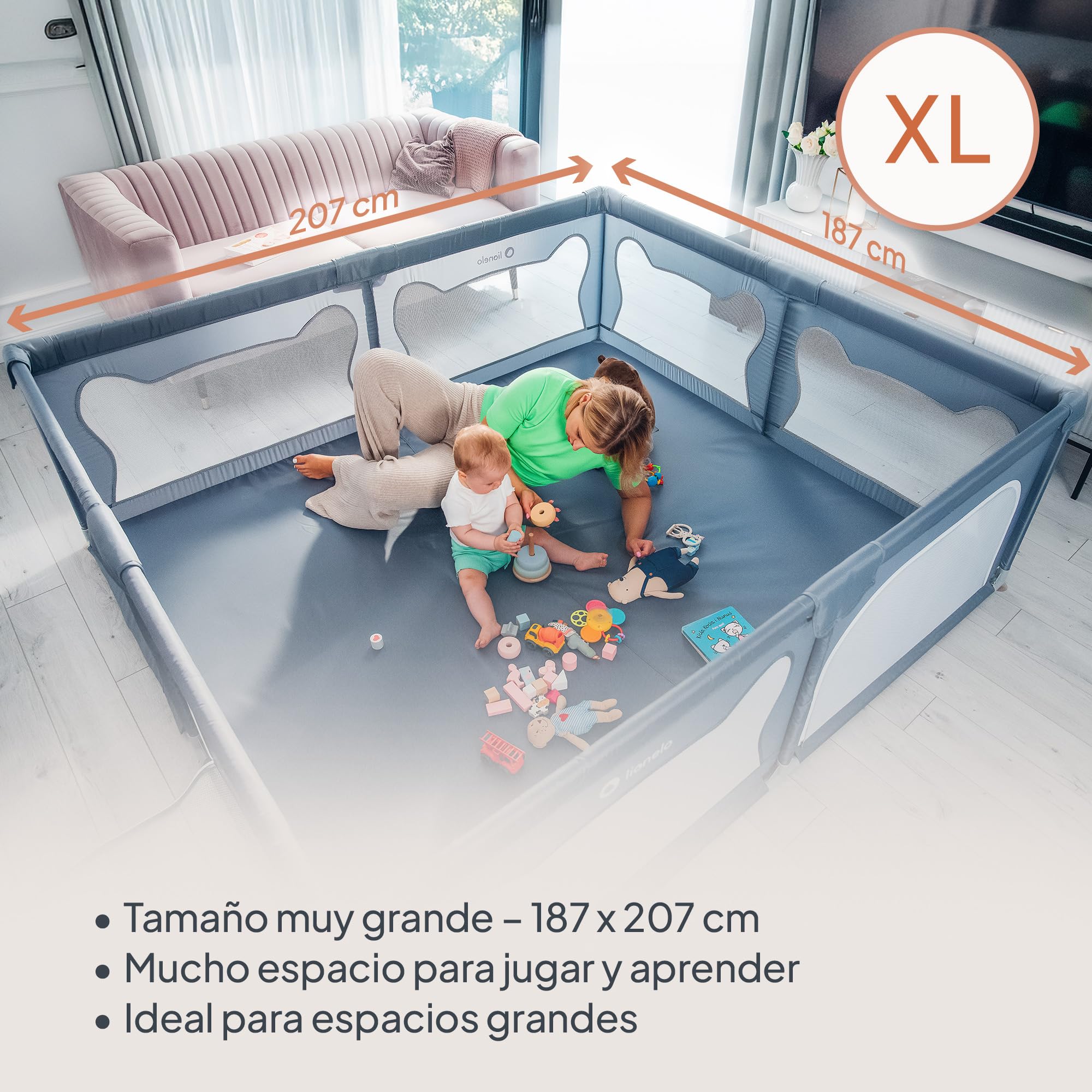 LIONELO Willow - Parque infantil XL, 0 – 48 meses, gran superficie 187x207x68 cm, con paredes de malla transpirable, 2 entradas laterales con cremallera, ideal para casa y jardín, fácil montar (Beige)