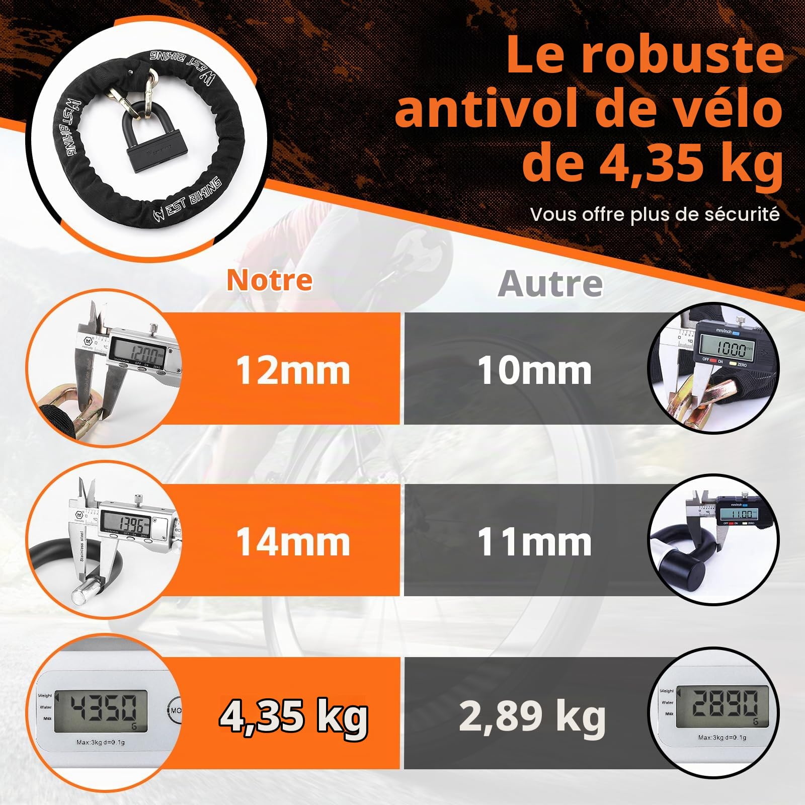Antivol à chaîne pour vélo - 120 cm - Haute sécurité - 12 mm d'épaisseur - Robuste - Pour vélo électrique - Sécurité de porte de moto