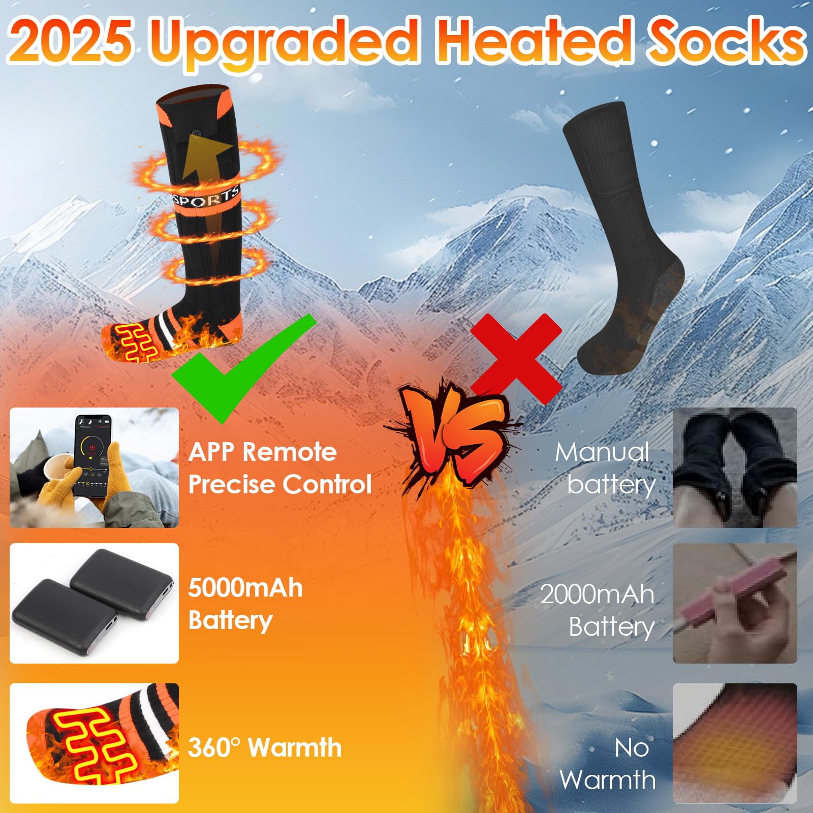 Chaussettes Chauffantes Pour Hommes Et Femmes 2×5000mAh 5V UPS Chaussette Chauffante Rechargeable Avec 3 Niveaux De Réglage Thermiques Pour Le Sport D'hiver En Plein Air