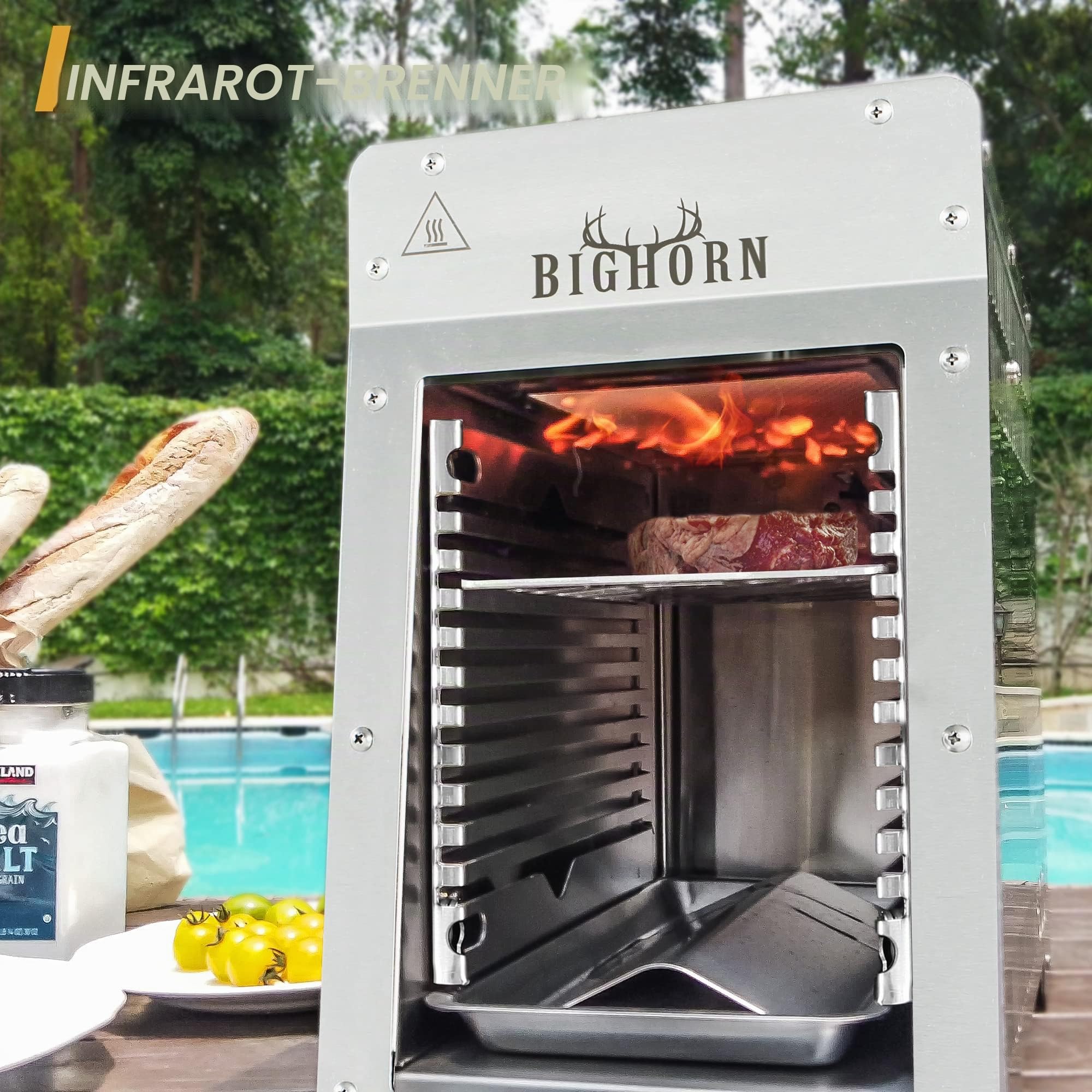 BIG HORN OUTDOORS Tragbarer Infrarot-Broiler Propangasgrill, 1500 Grad Edelstahl Tischplatte Schnellkochen Steak Grill für Fleisch, Meeresfrüchte, Gemüse