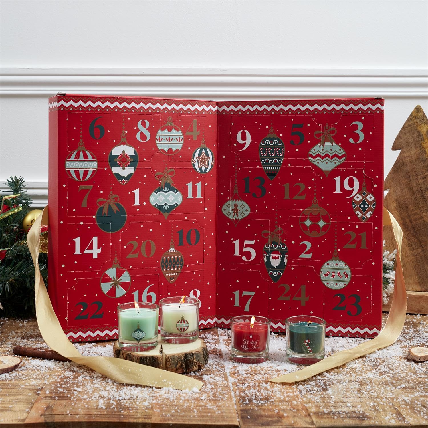 Luxuriöser aufklappbarer Adventskalender mit 24 Duftkerzen – 31 x 22 x 12 cm – Festliche Geschenkverpackung mit goldener Schleife – Rot
