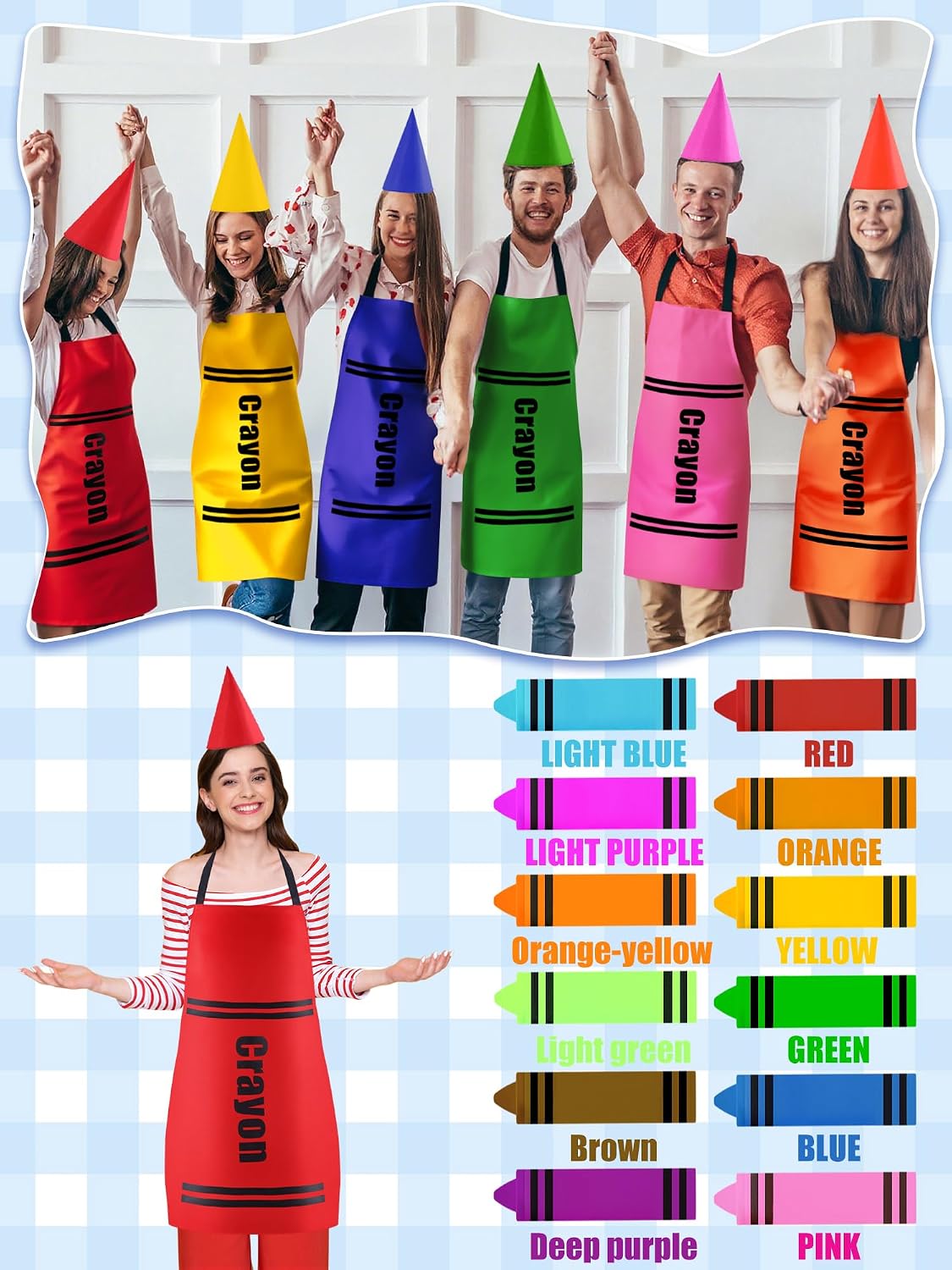 12 Set Crayon Apron and Funny Gnome Cone Hats for Adult Halloween Costume Group Fancy Dress Outfit Halloween Cosplay