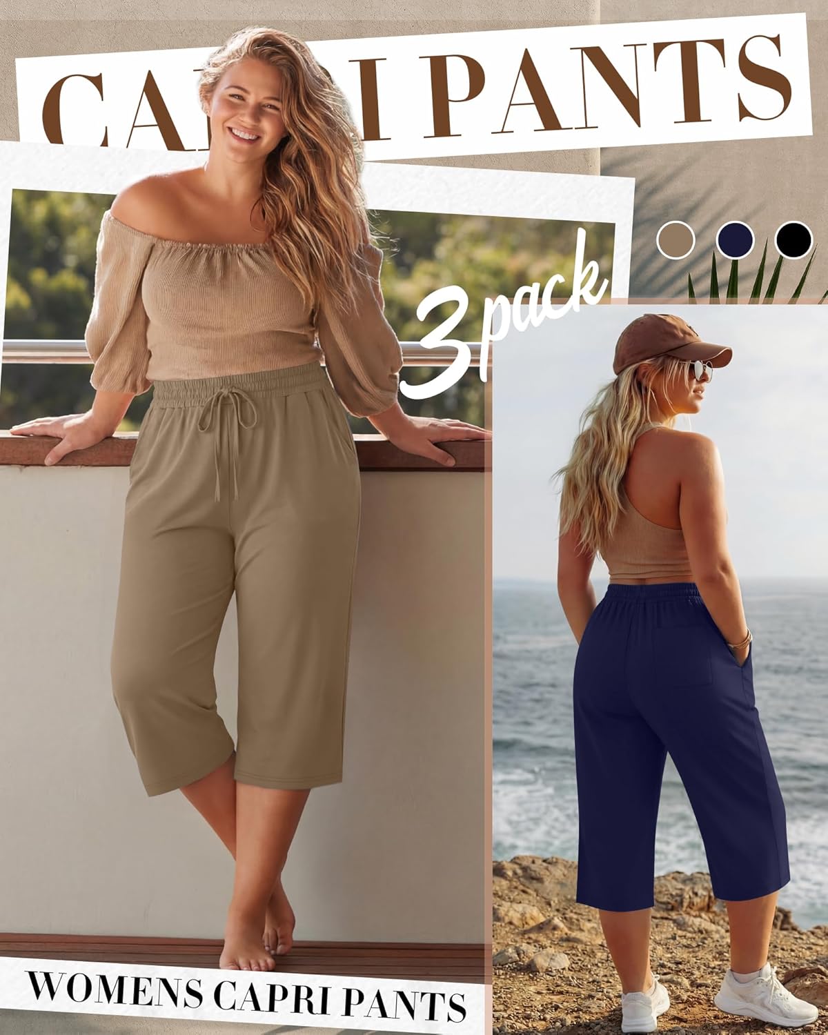 Neer 3 Pack Women's Plus Size Cotton Capris, Stretchy Wide Leg Cropped Pants with Pockets Loose Lounge Pajama Sweatpants - Image 3