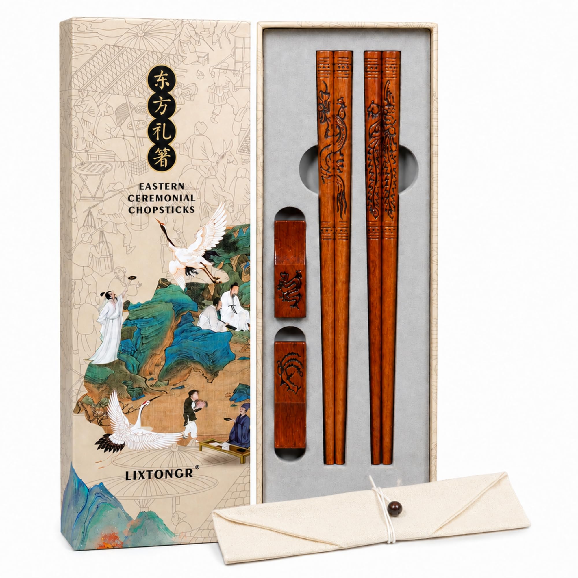 Dragon & Phoenix Wood Chopsticks Set - Gift Included -1