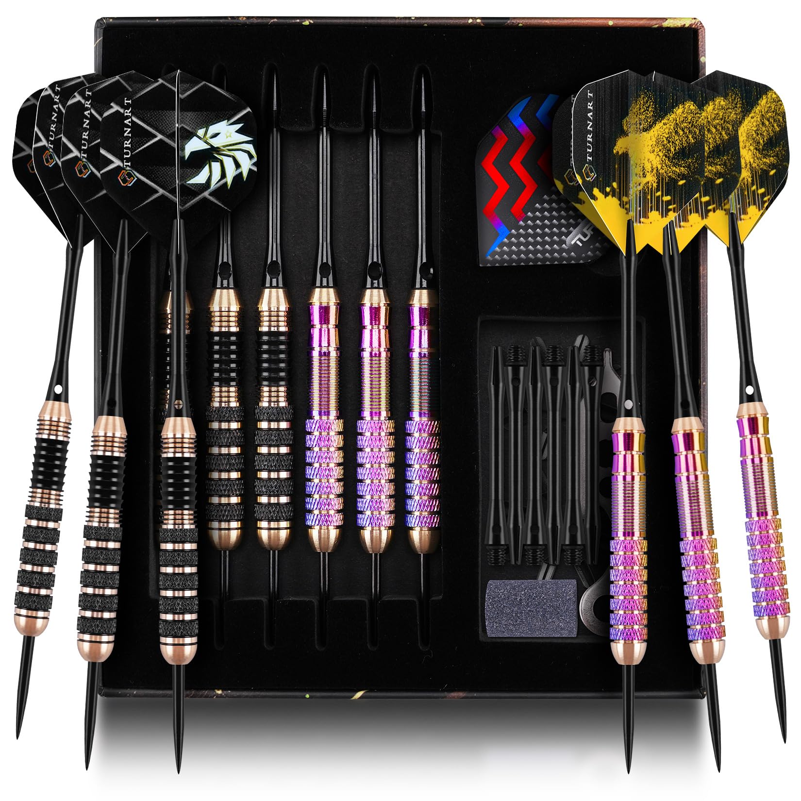 Turnart Fléchettes Pointe Acier, Jeu de fléchettes en Laiton pour Jeu de fléchettes en soies, 3 pièces de 20 grammes et 3 pièces de 22 grammes avec 21 Vols supplémentaires