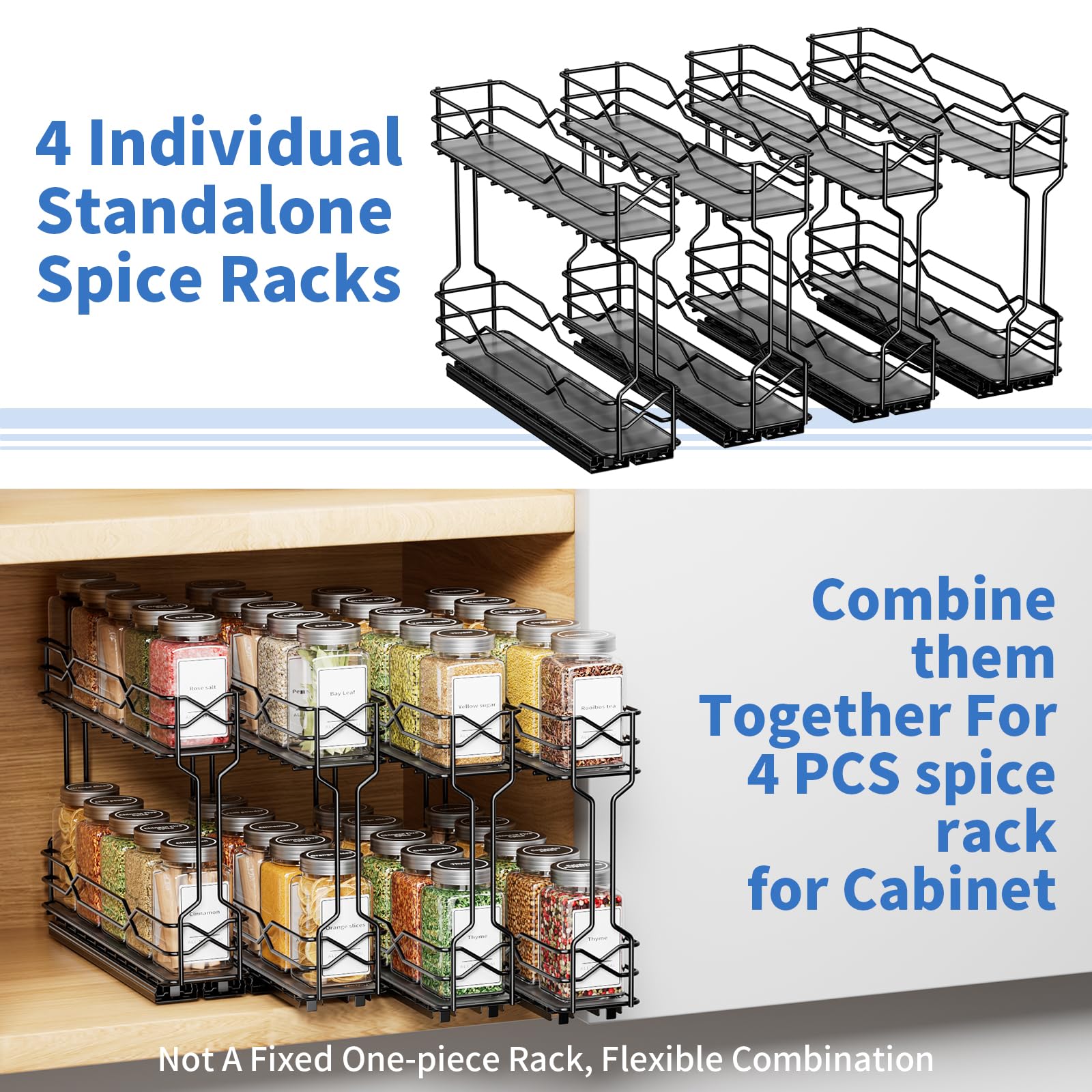 Gewürzregal Ausziehbar 4er-Pack, Gewürz Organizer Für Schrank | Modulares 4er-Pack, Doppelte Gleitschienen, Vollauszug-Design , Schwarze Metallkonstruktion, Einfache Montage, Schrank