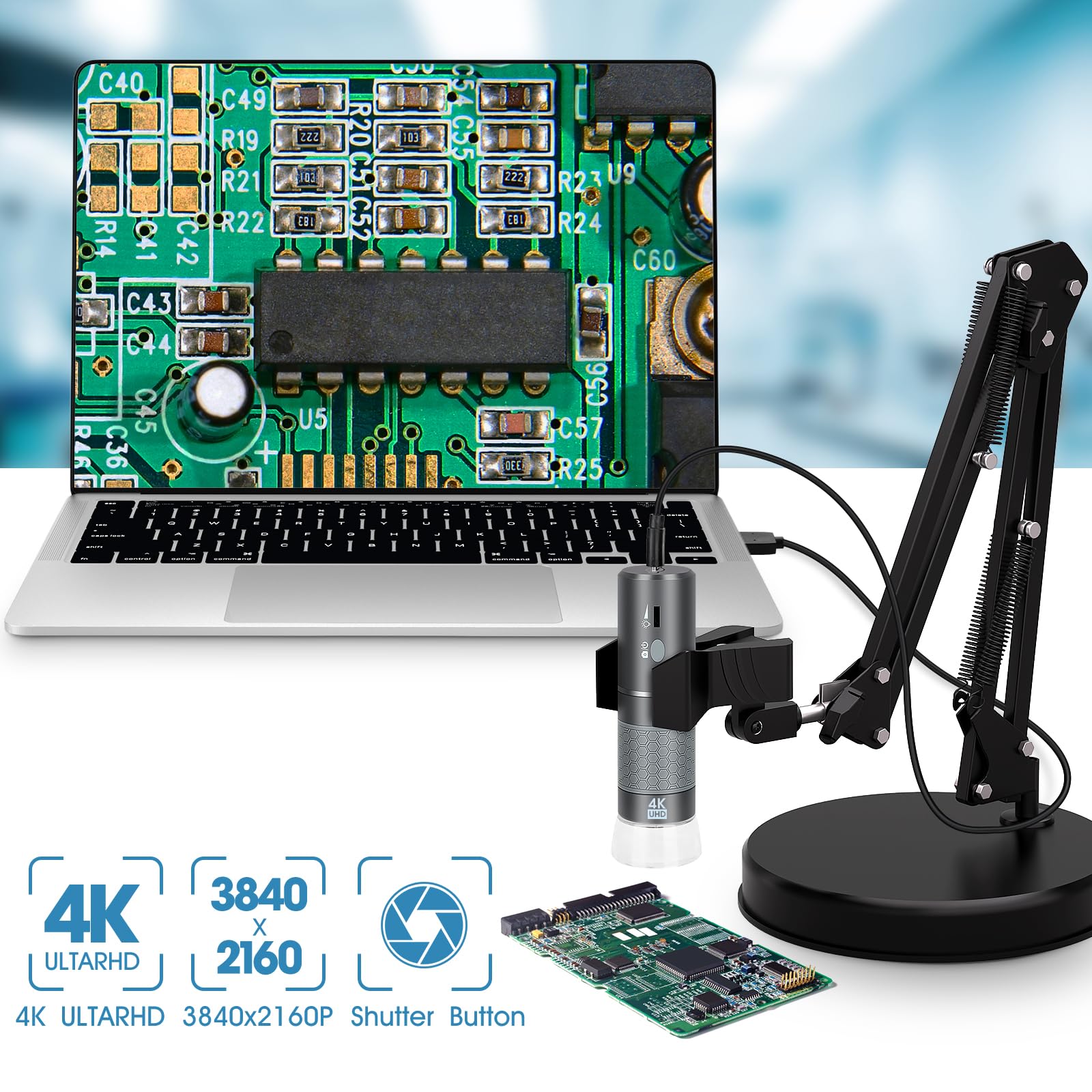 Microscopio WiFi 4K con Soporte de Altura máxima de 55 cm y Abrazadera de Mesa, microscopio Digital USB de 50 a 1000X, cámara 3840 x 2160P, para iPhone Android Windows Mac Linux Chrome