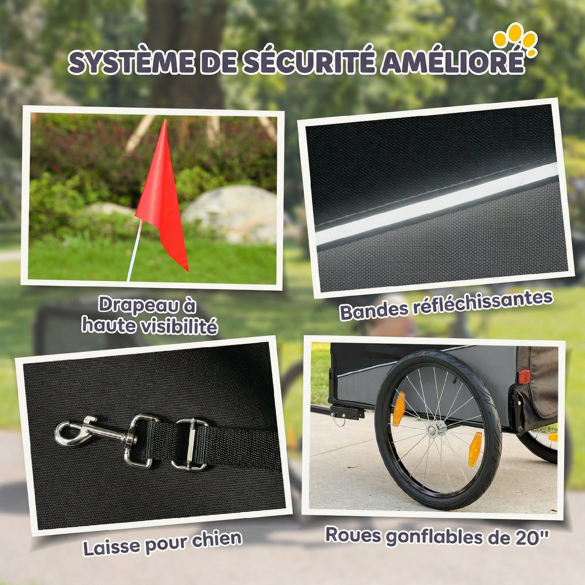 PawHut Remorque Vélo Chien avec Pneus 20" en Caoutchouc à Dégagement Rapide, Chariot pour Chien Moyen avec Attache Universelle, Réflecteurs, Drapeau, Laisse, Charge 20 kg, Gris et Noir