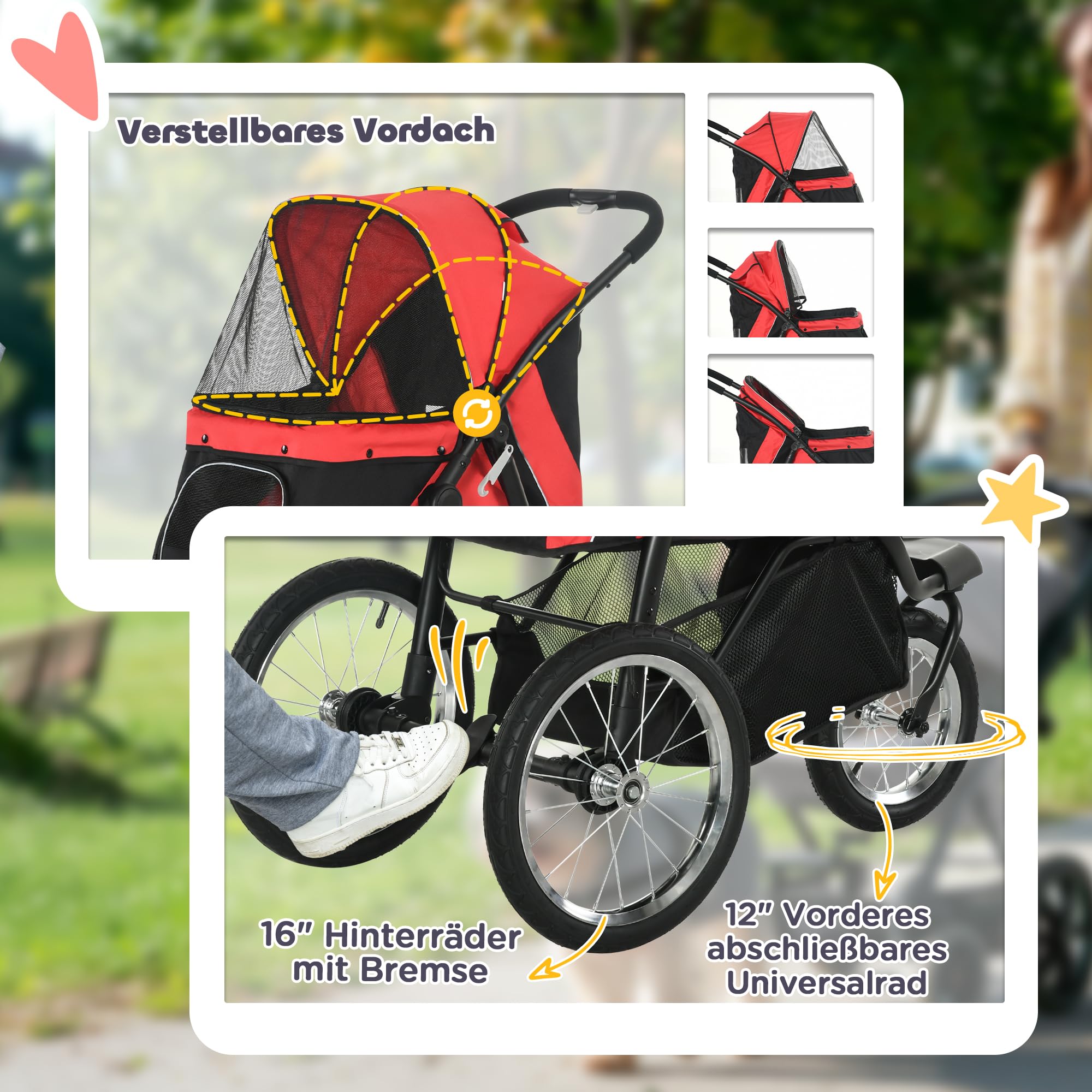 PawHut Hundewagen Hundebuggy klappbar für Hunde & Katzen bis 20 kg Katzenbuggy mit geländegängige Gummiräder Kissen Netzfenstern Türen Katzenwagen mit Aufbewahrungskorb Buggy Rot