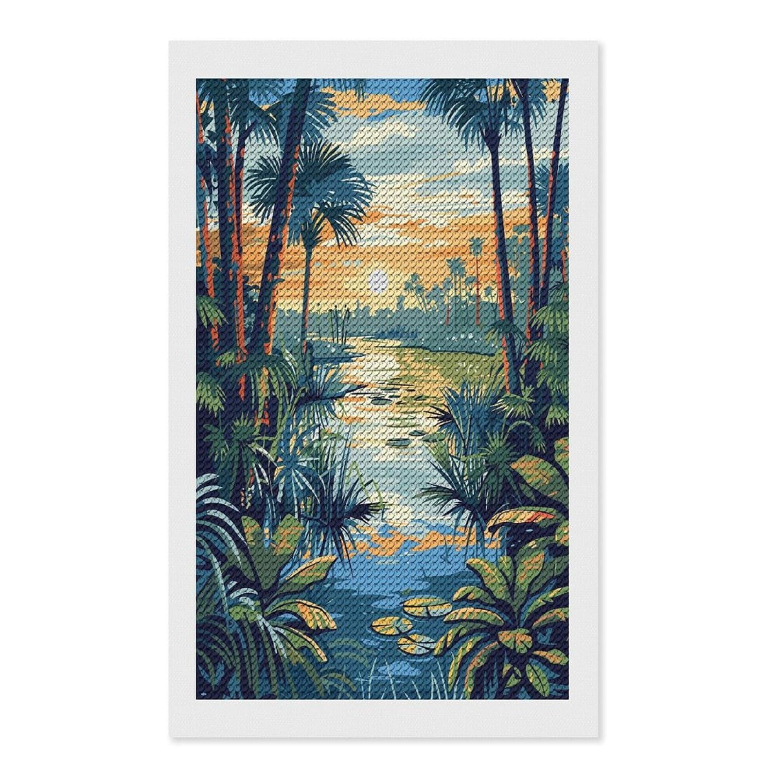 Junmoney Tropical River Landscape at Sunset Diamond Art Kit 12"x20", Vintage Style Decor, Stress Relief Craft, Decor Project, Relaxing DIY, Creative Hobby