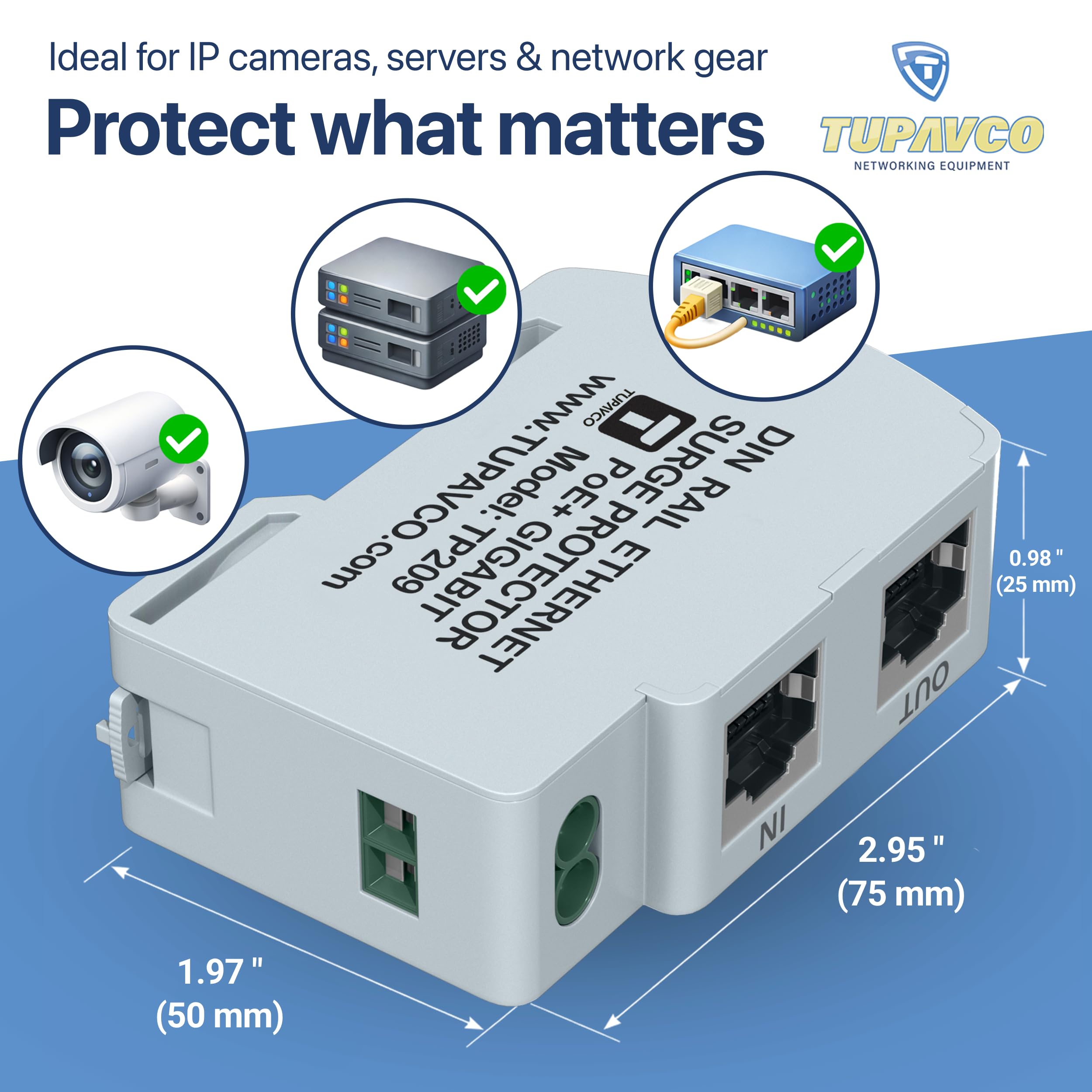 TP209x5 - Protezione contro le sovratensioni Ethernet su guida DIN (confezione da 5) Gigabit, compatibile con PoE++