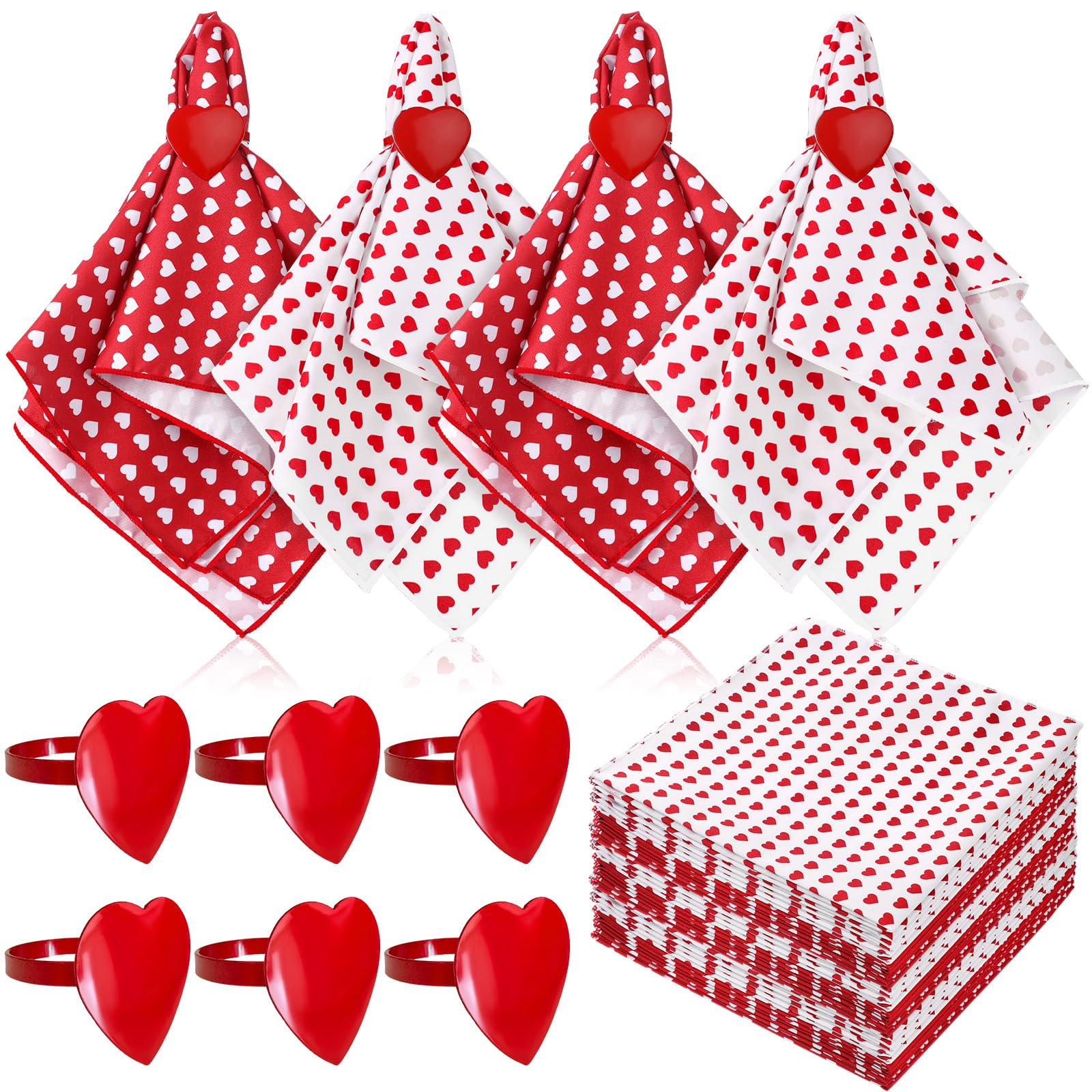 Love Heart Cloth Napkins and Napkin Ring 12 Pcs Red and White Cloth Napkins 6 Pcs Metal Red Heart Napkin Ring Holders for Dinner Table Settings Decor Wedding Party Favors