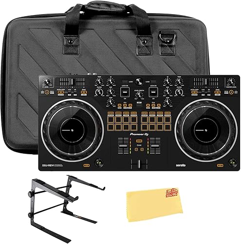 Pioneer DDJ-REV1 Controlador DJ de 2 canales estilo Scratch para Serato DJ Lite - Paquete negro con estuche para DJ, soporte para laptop y paño de