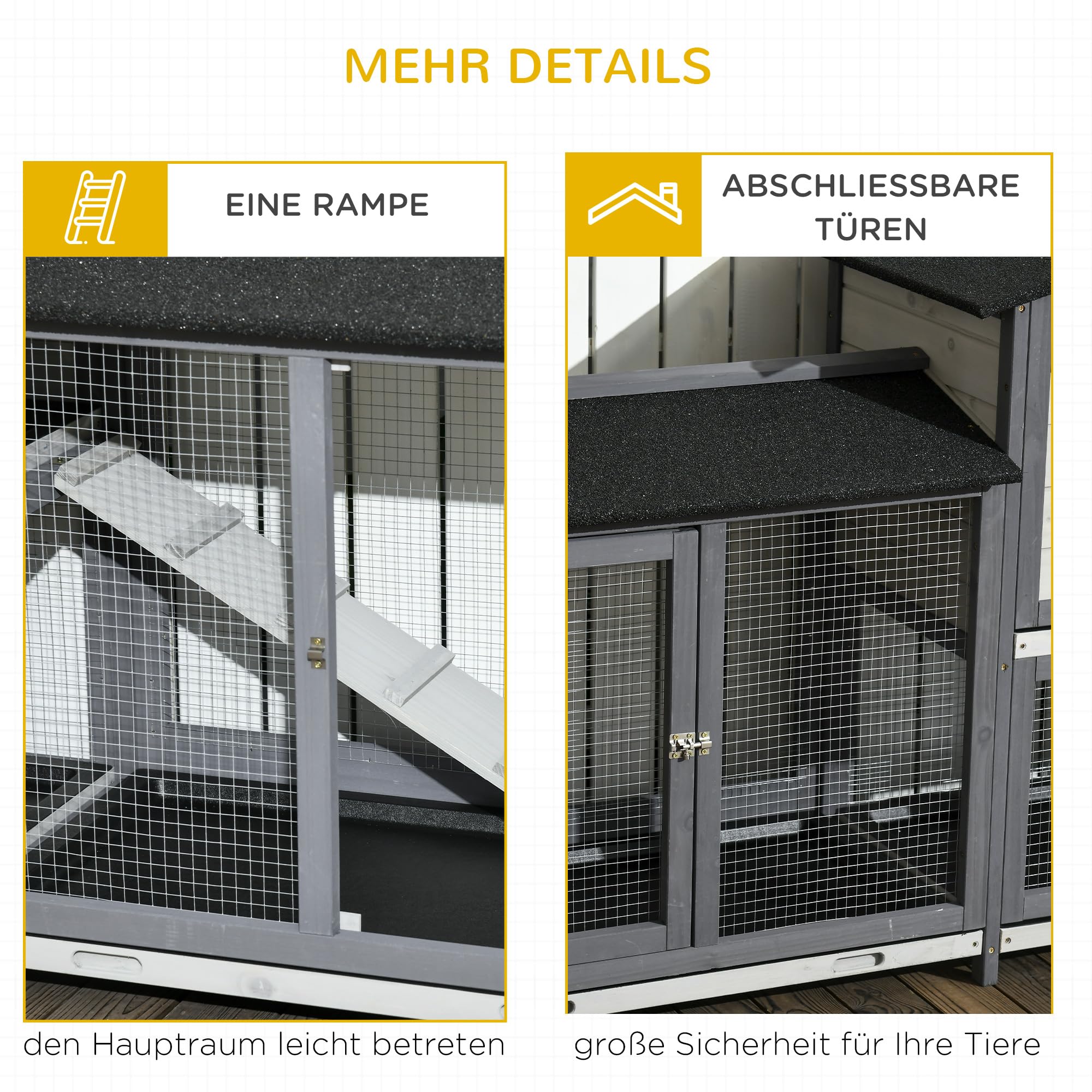 PawHut Hasenstall 2 Etagen Kaninchenstall aus Holz 230 x 53 x 93,5 cm Kaninchenkäfig mit Rampe, Freilaufgehege, Mehreren ausziehbaren Bodenwannen, Bitumendach, Tür, Hasenkäfig für draußen Hellgrau
