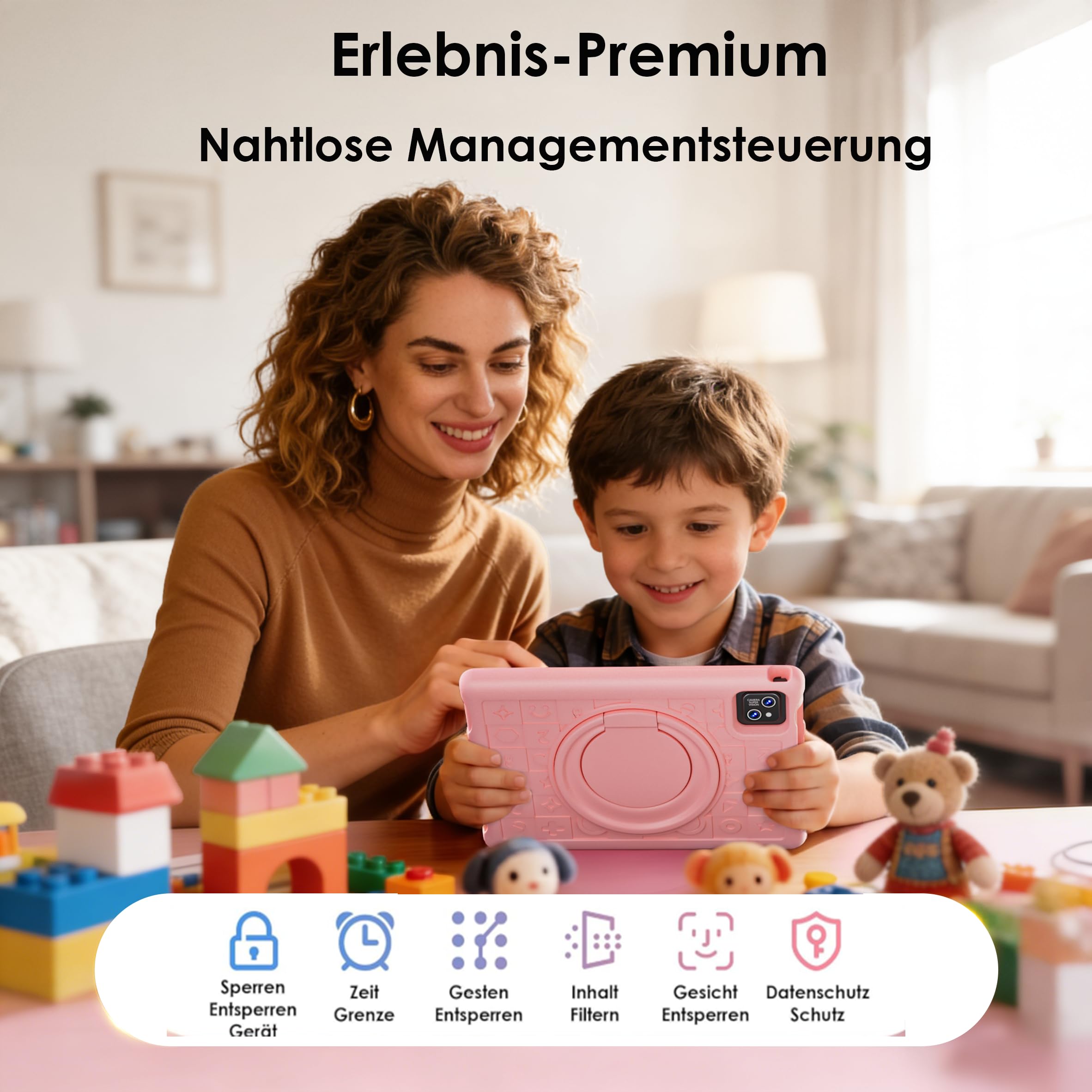 ZENTALITY Kinder Tablet 10 Zoll Android 15 mit 30GB RAM + 64GB ROM(2TB), 5G WLAN 6, Widevine L1, Elterliche Kontrolle, 8-Core, 8000 mAh, Kids Tablet mit Kinder Hülle Eva + 360° Drehbarer Ständer,Rosa