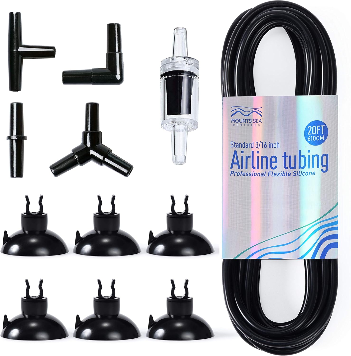 Mounts Sea Brothers 3/16-Inch Professional Standard Silicone Airline Tubing for Aquarium Air Pump Accessories, with Check Valves, Suction Cups and Connectors, 20 Feet(Assorted Colors) … (Black) : Pet Supplies