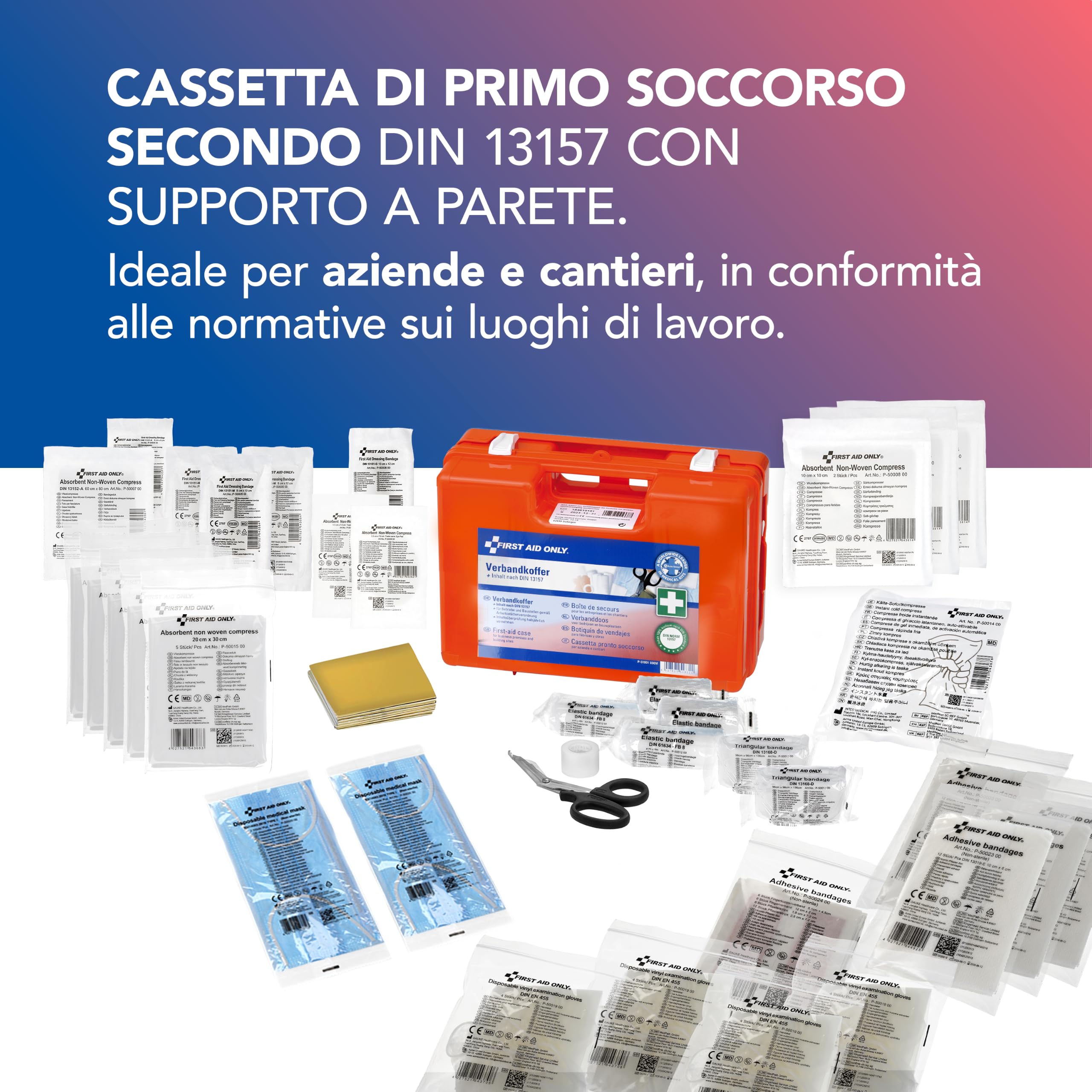First Aid Only Cassetta Pronto Soccorso First Aid Only Con Maniglia, Din 13157, Inclusi Vetri Divisori, Supporto Per Parete, Viti E Tasselli, Arancione - 2130 Gr