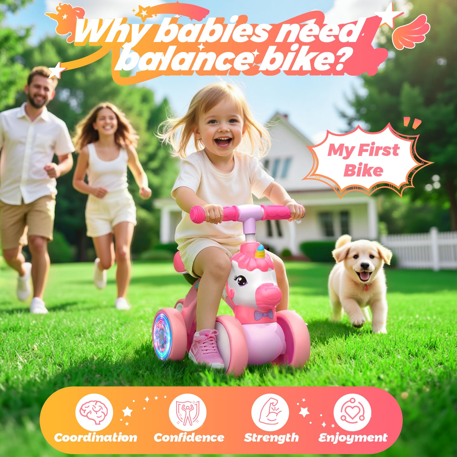 Correpasillos Unicornio de 4 Ruedas para Niños 1-2 Años con Luz LED Trasera, 25kg Capacidad, Regalo Ideal para Cumpleaños y Navidad, Juguete Seguro para Aprender a Equilibrarse (Rosa)