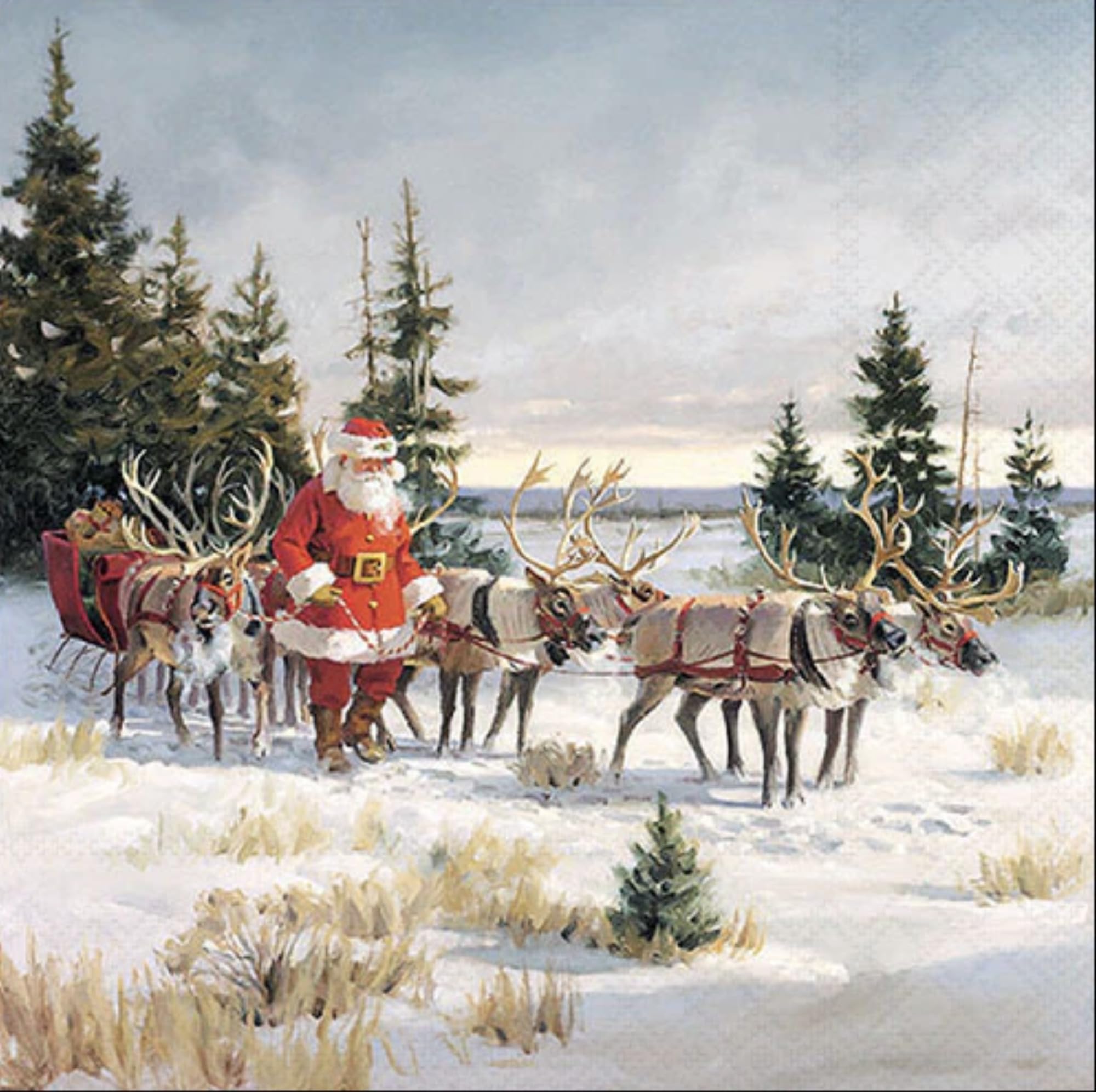 Set of 2 Individual Decoupage Paper Party Napkin Christmas Xmas Santa Reindeer Watercolor Decor Luncheon Napkins for a Birthday Holiday, Wedding, Cocktail Party