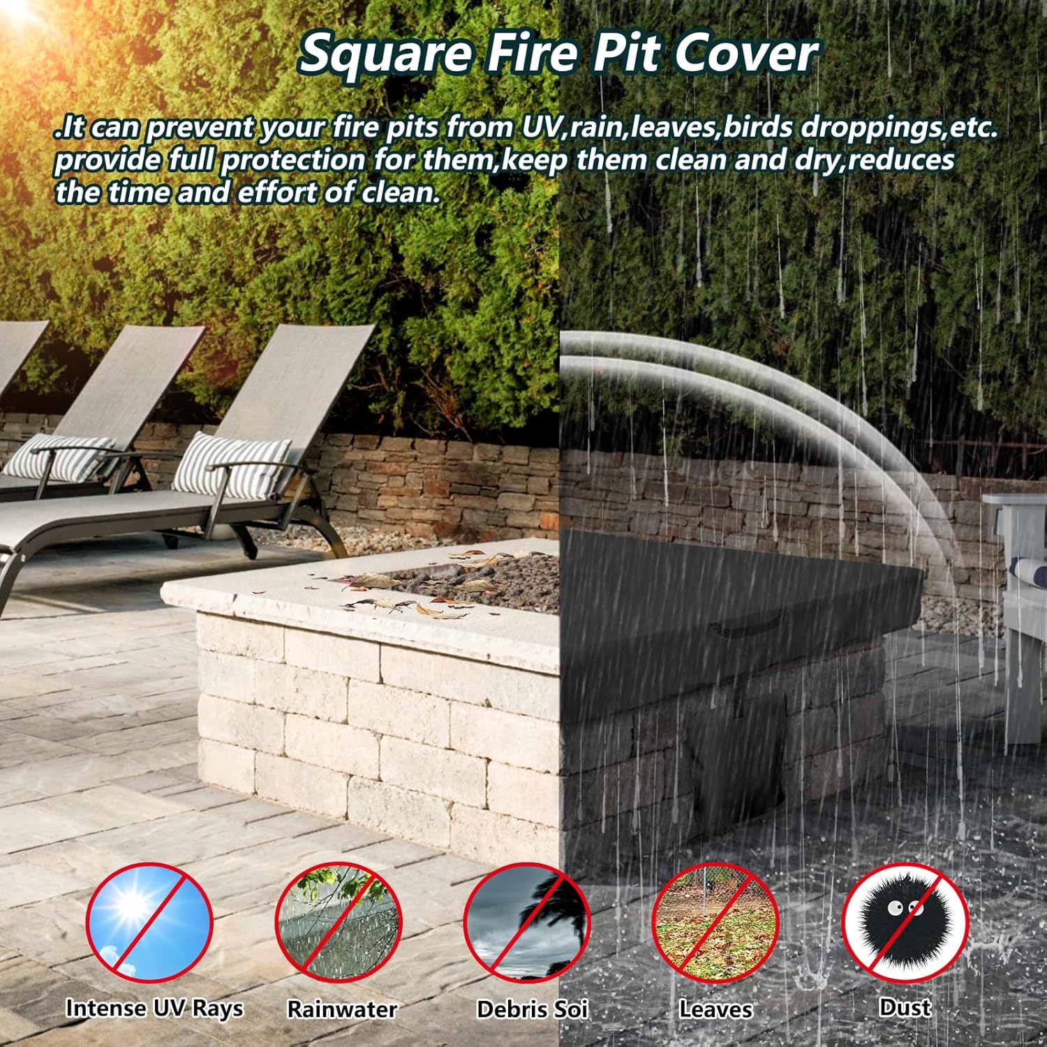 Outdoor Square Built In Fire Pit Cover,Heavy Duty 600D Waterproof Winter Cover with 4 Sandbag for 52"-56"W Square Stone Fire Pit and In Ground Firepit(Only Cover,Black)