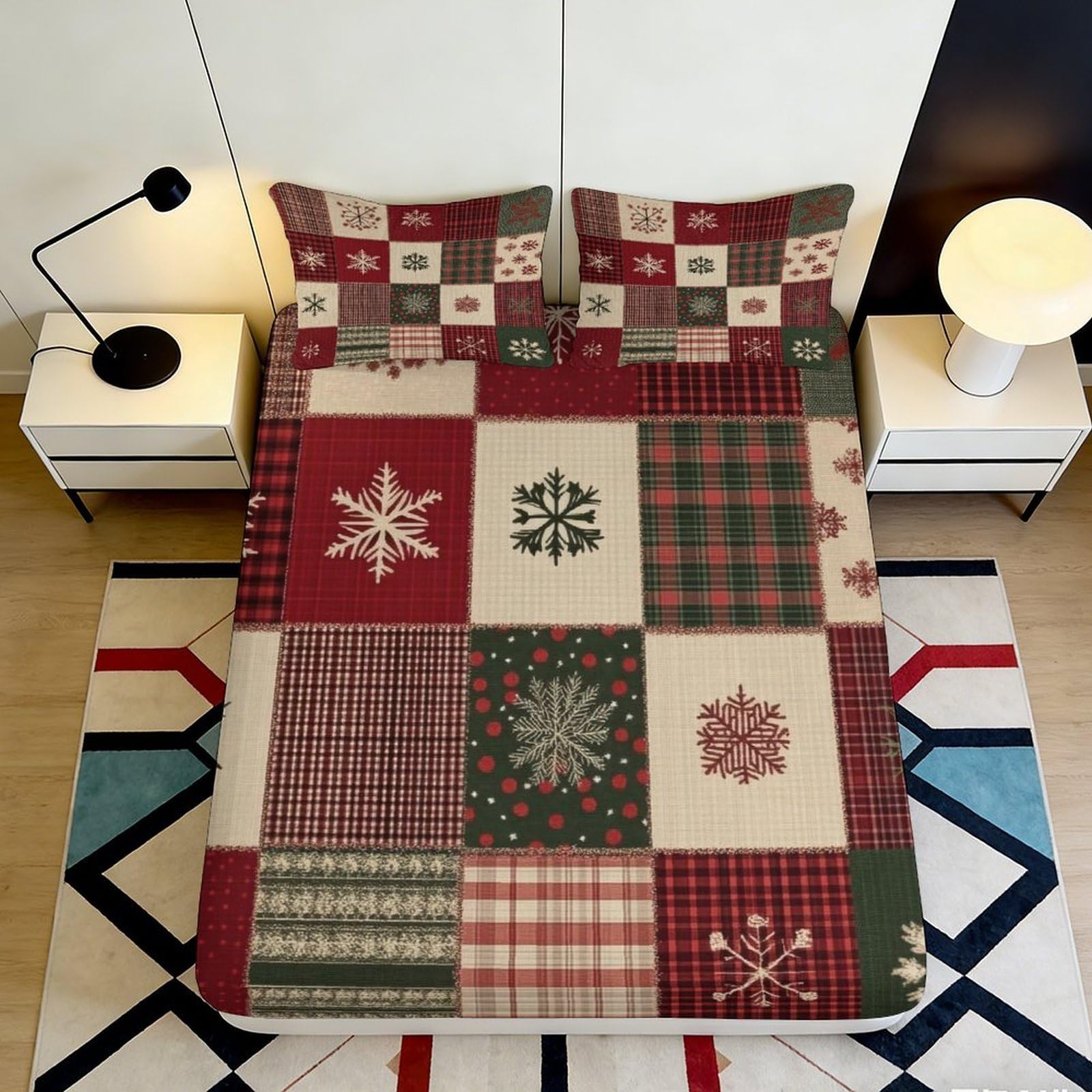 3D Printed Patchwork Christmas Snowflakes Fitted Sheet Microfiber Soft Bed Cover for Bedroom Guest Room Decor 90x200x25cm