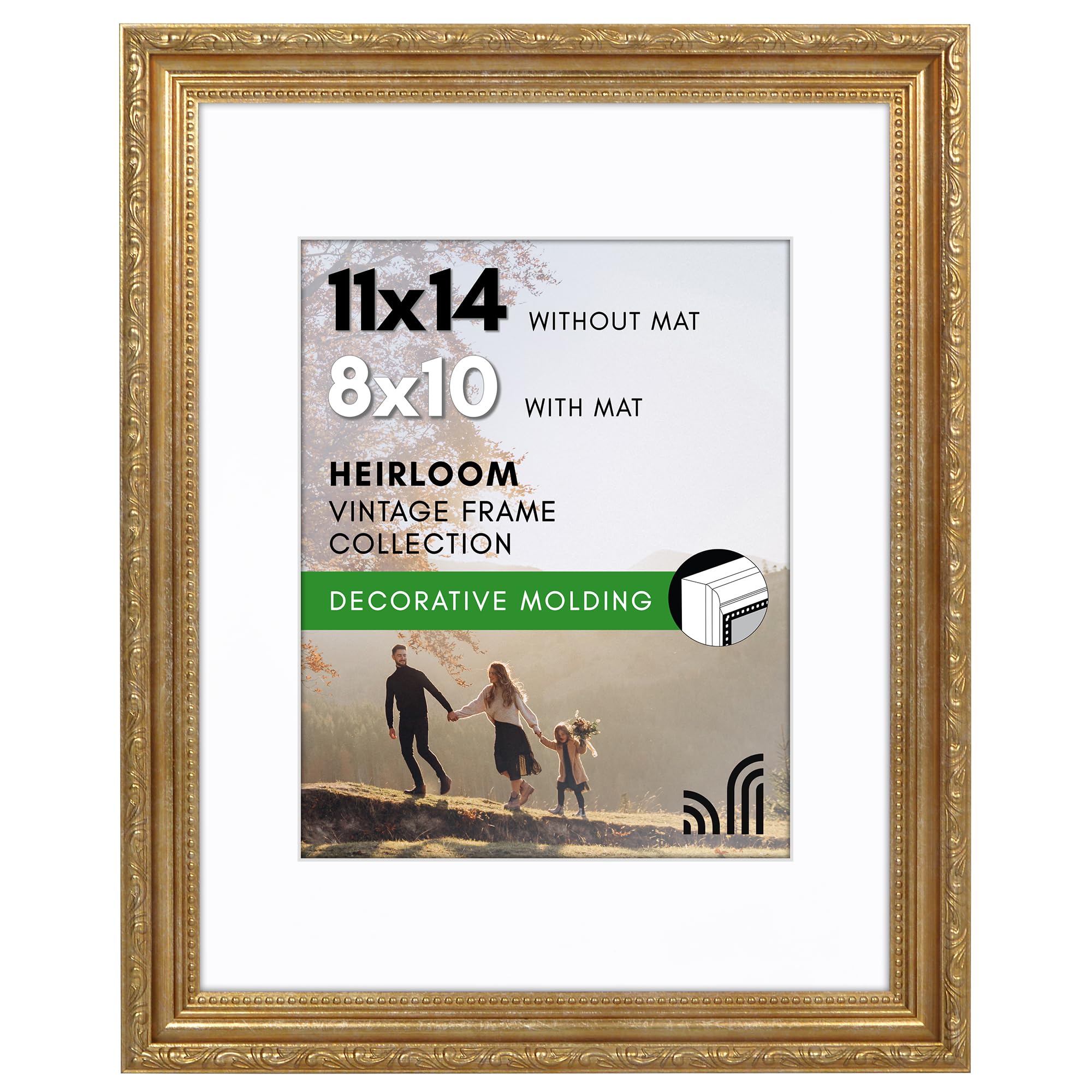 Americanflat 11x14 Picture Frame with Shatter-Resistant Glass - Use as 8x10 Frame with Mat or Display 11x14 Photo Without Mat - Ornate Picture Frames for Wall Display - Gold