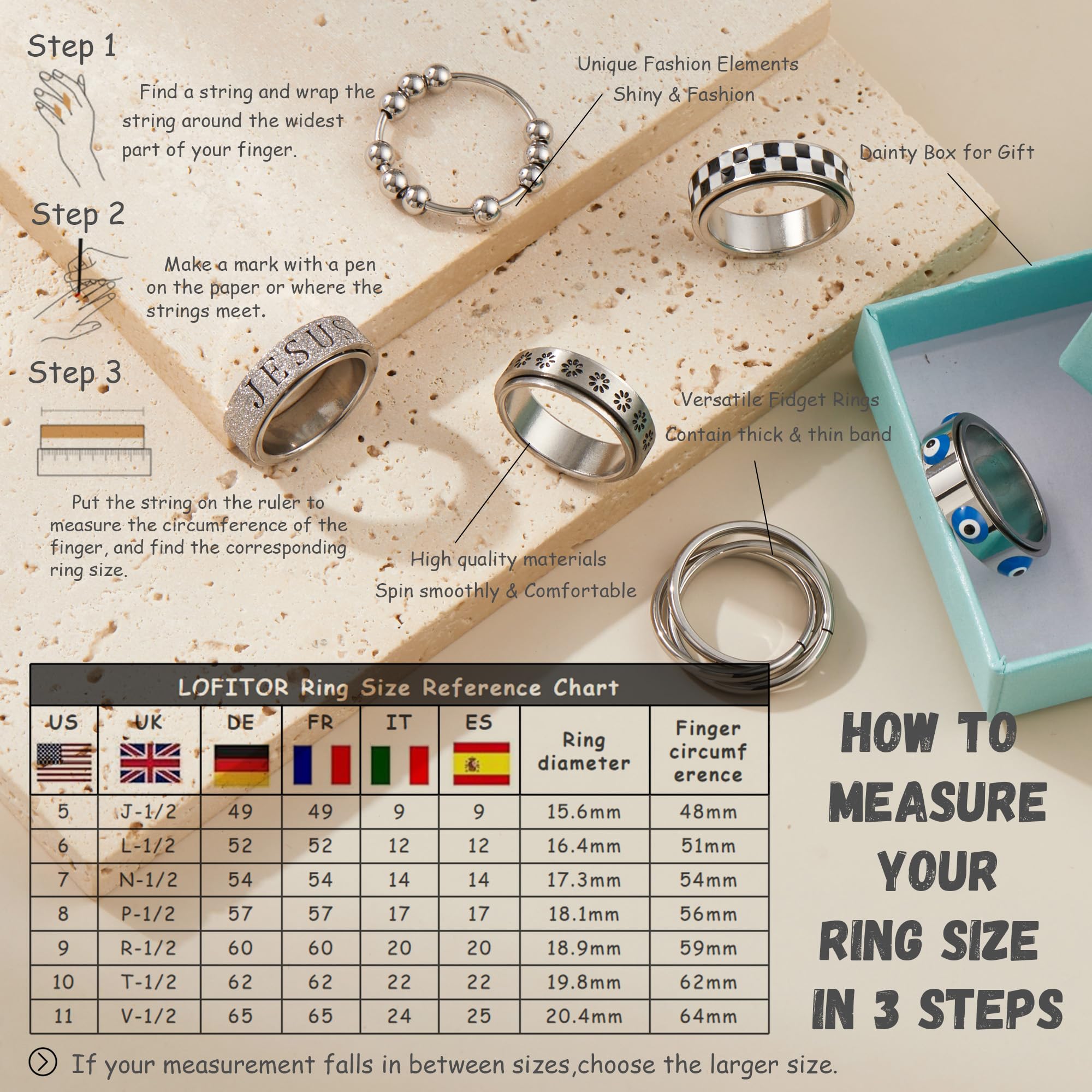 LOFITOR Fidget Rings for Anxiety 6pcs Stainless Steel Spinner Ring Anti Anxiety Ring Spinning Moon Star Cool Stress Relieveing CZ Rings for Women Men Band Rings Set CZ Silver - Image 4