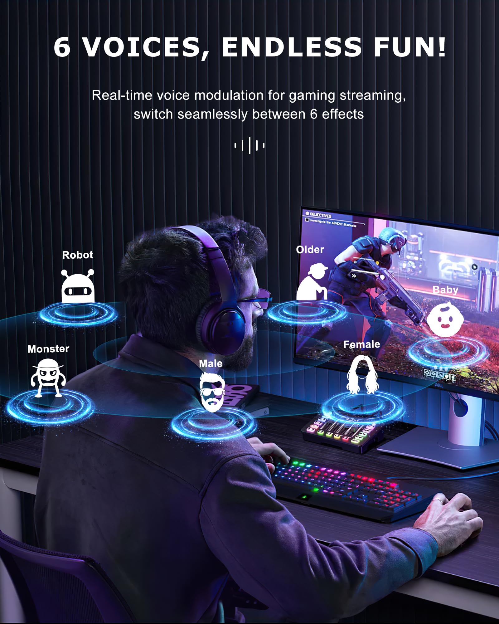 Carte son de jeu Interface audio Changeur de voix pour PC PS4 PS5 Mixeur de streaming Table de mixage compatible avec microphone à condensateur XLR/dynamique