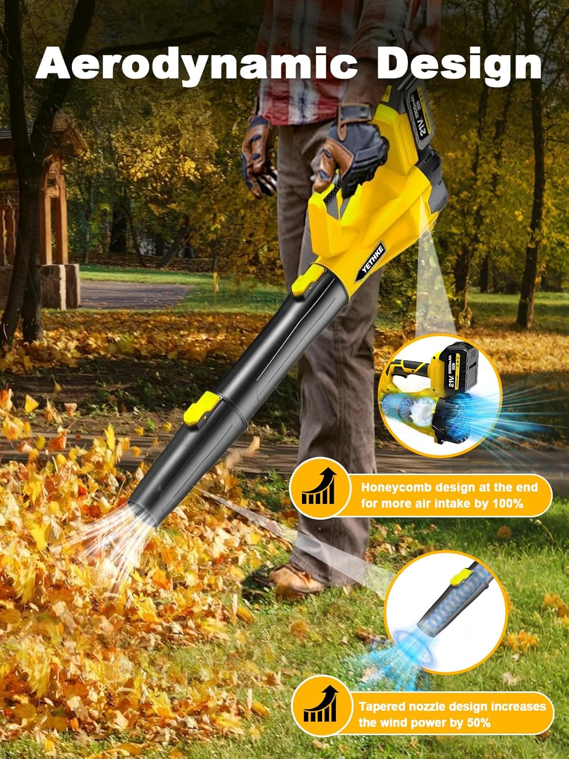 Leaf Blower Cordless, 21V Powerful Electric Blower with 2*4.0Ah Batteries & 1*Fast Charger, 6 Speed Modes, Handheld Lightweight Leaf Blowers for Lawn/Patio/Dust/Leaves, Gift Goggles & Earplugs-Yellow