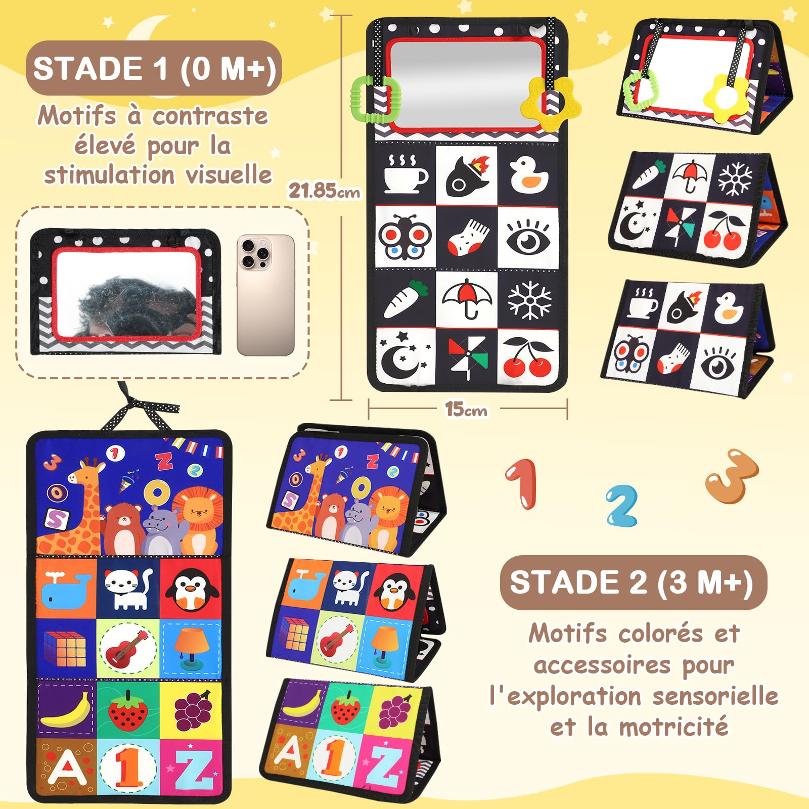 URMYWO Jouet Bebe 0-3-6-9-12 Mois - Miroir d'Éveil Pliable avec Jouet de Dentition et Livre Papier froissé Sensoriel - Montessori Noir et Blanc à Motifs Contrastés pour l'Éveil des Bébés
