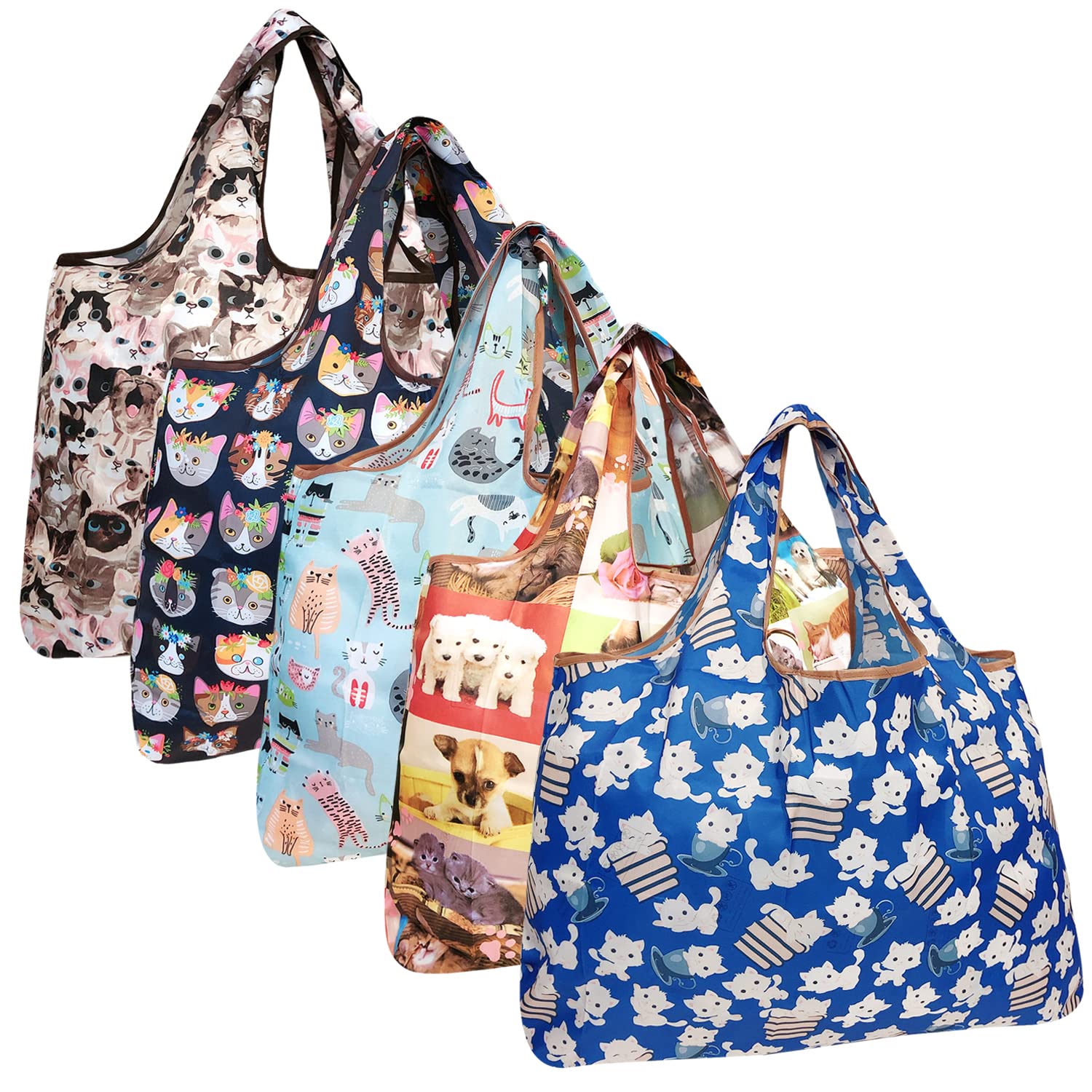 allydrew Large Foldable Tote Nylon Reusable Grocery Bags, 5 Pack