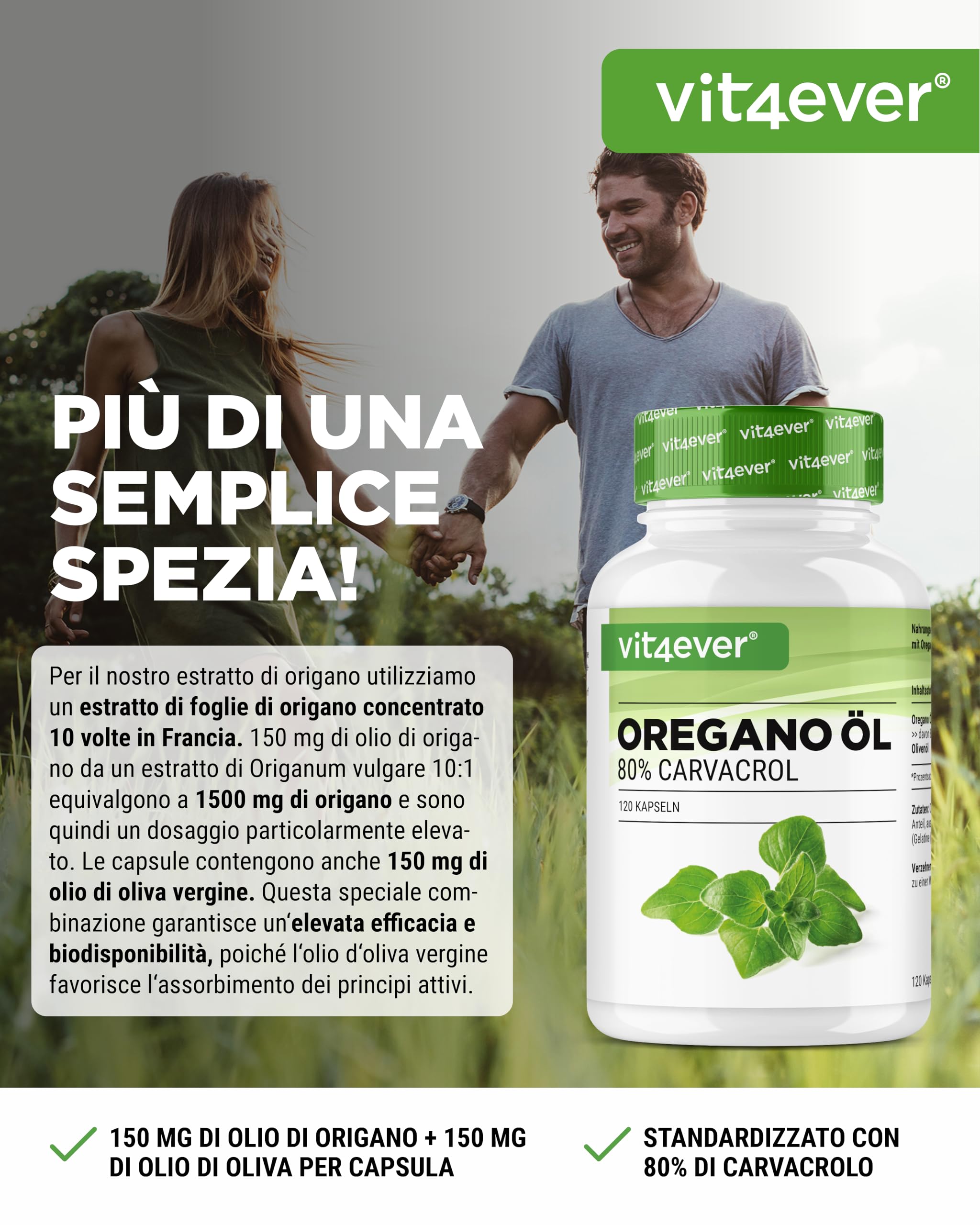 Olio di origano - 120 capsule da 150 mg - Premium: 80% Carvacrol & 10 volte concentrato - 100% olio di origano dalla Francia - Origanum vulgare - altamente dosato