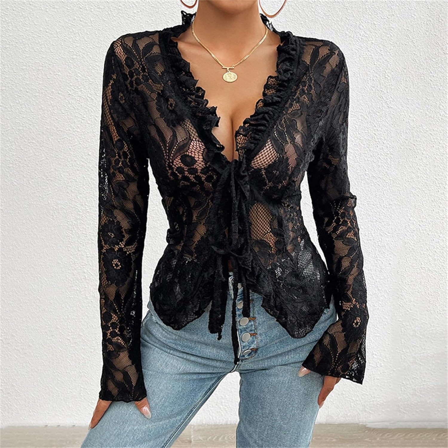 Lace Tops for Women Y2k Sexy Open Front Tie Long Sleeve Ruffle Trim See Through Mesh Crop Top Blouses Streetwear - Image 2