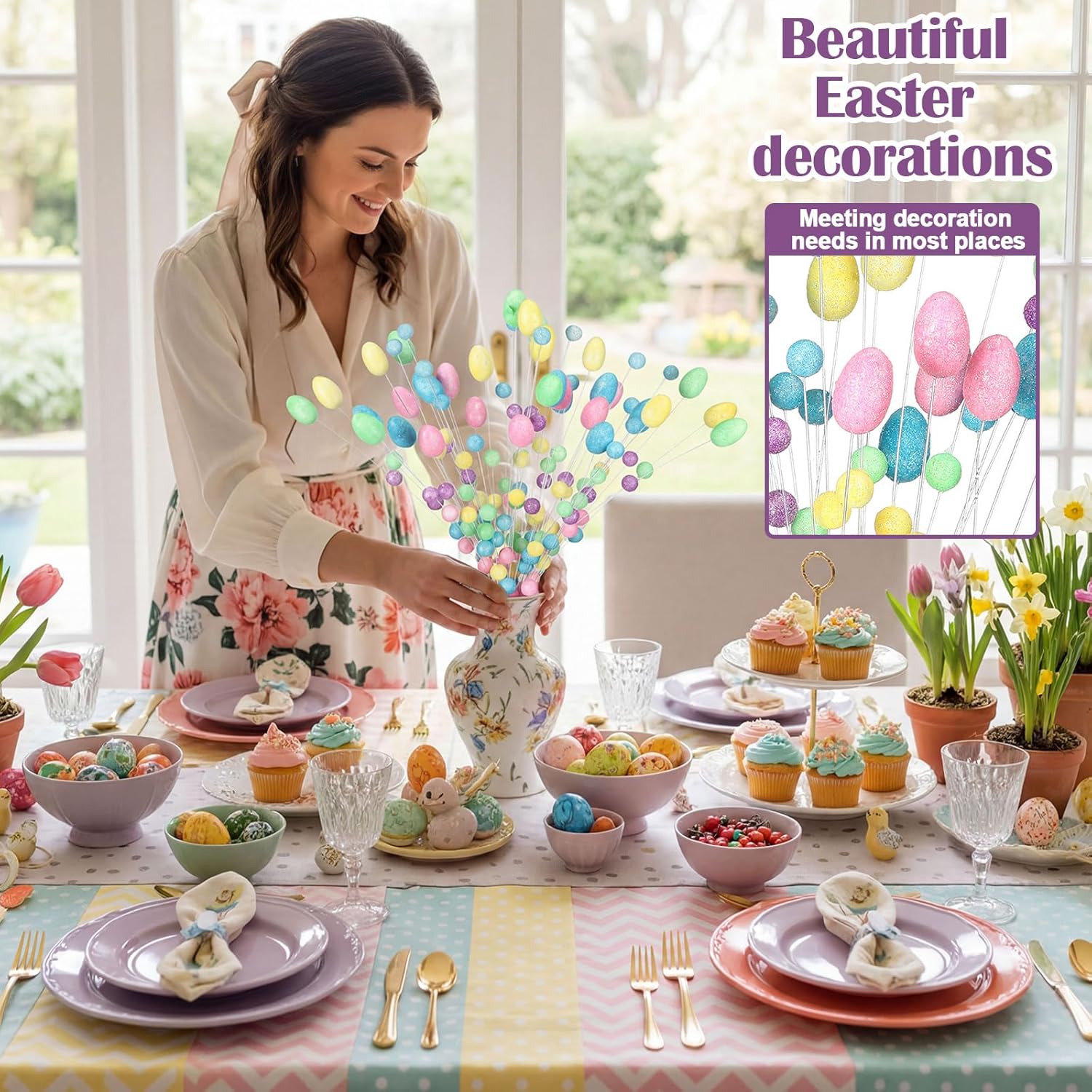 Zeyune 8個パック 17インチ イースターパステルエッグピック グリッター スプリングフォーム エッグ ベリー 枝 茎 春 イ