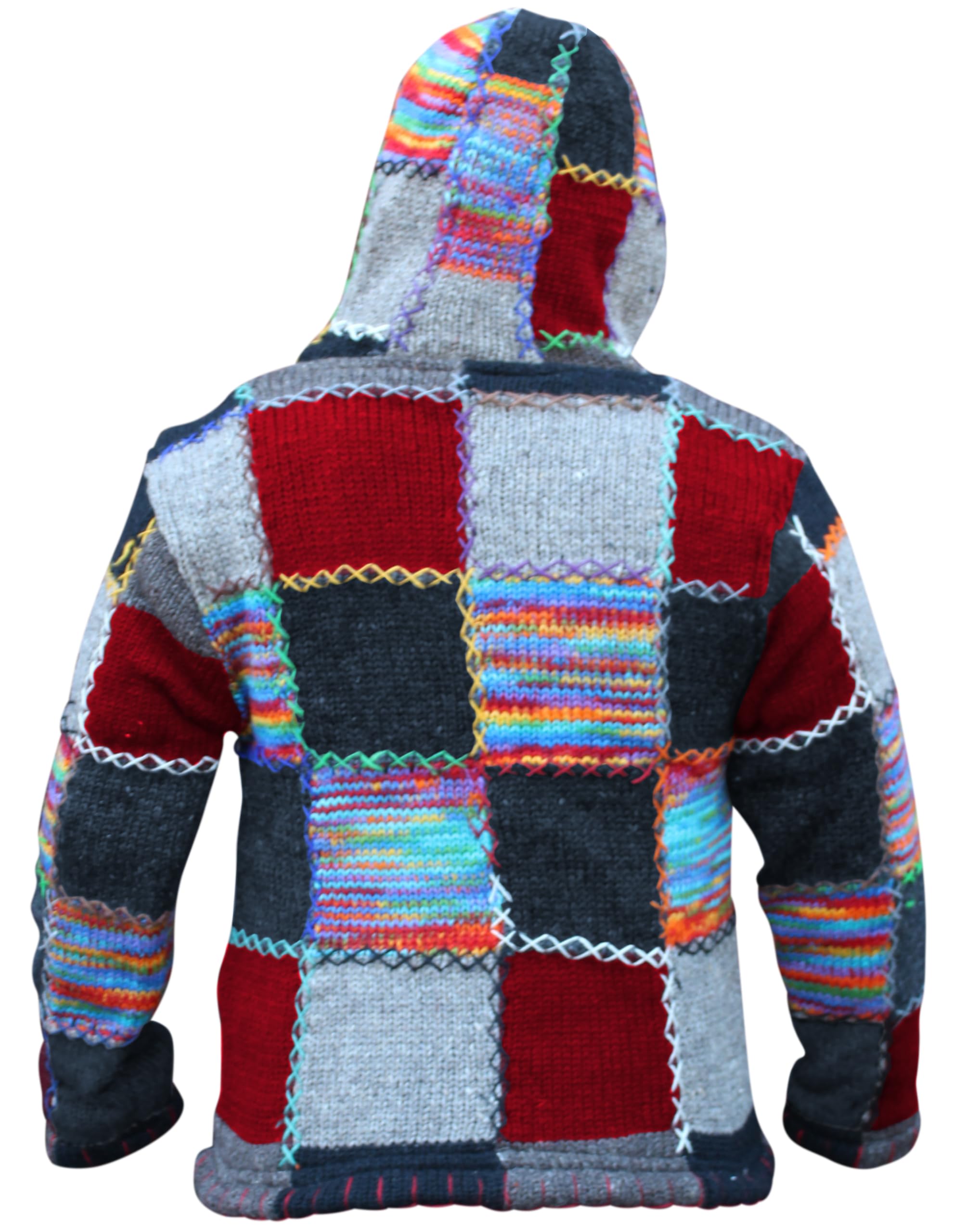 SHOPOHOLIC FASHION Giacca da Uomo in Lana Patchwork Colorata con Cappuccio Supercosy Festival Hippy Boho
