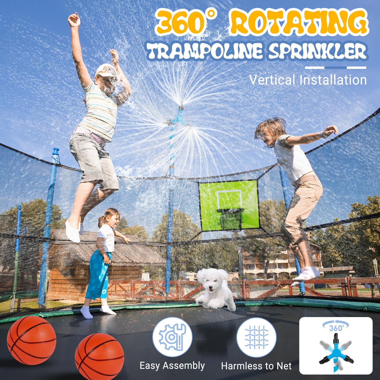 Kit di accessori per trampolino per bambini, irrigatore/canestro da pallacanestro/luci solari da 50 m, adatto per trampolino da 8 10 12 14 15 16 FT all'aperto con 3 mini palloni da basket, non