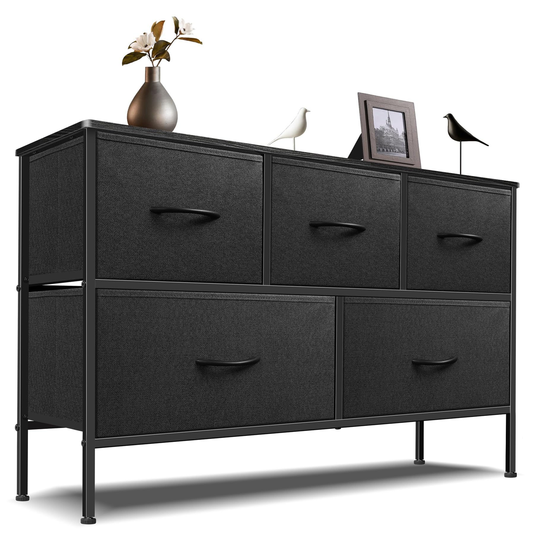 Sonharlar Dresser for Bedroom with 5 Drawers, Chest of Drawers, Storage Drawers Organizer Unit, Black Wide Fabric Dresser with Fabric Bins for Closet,