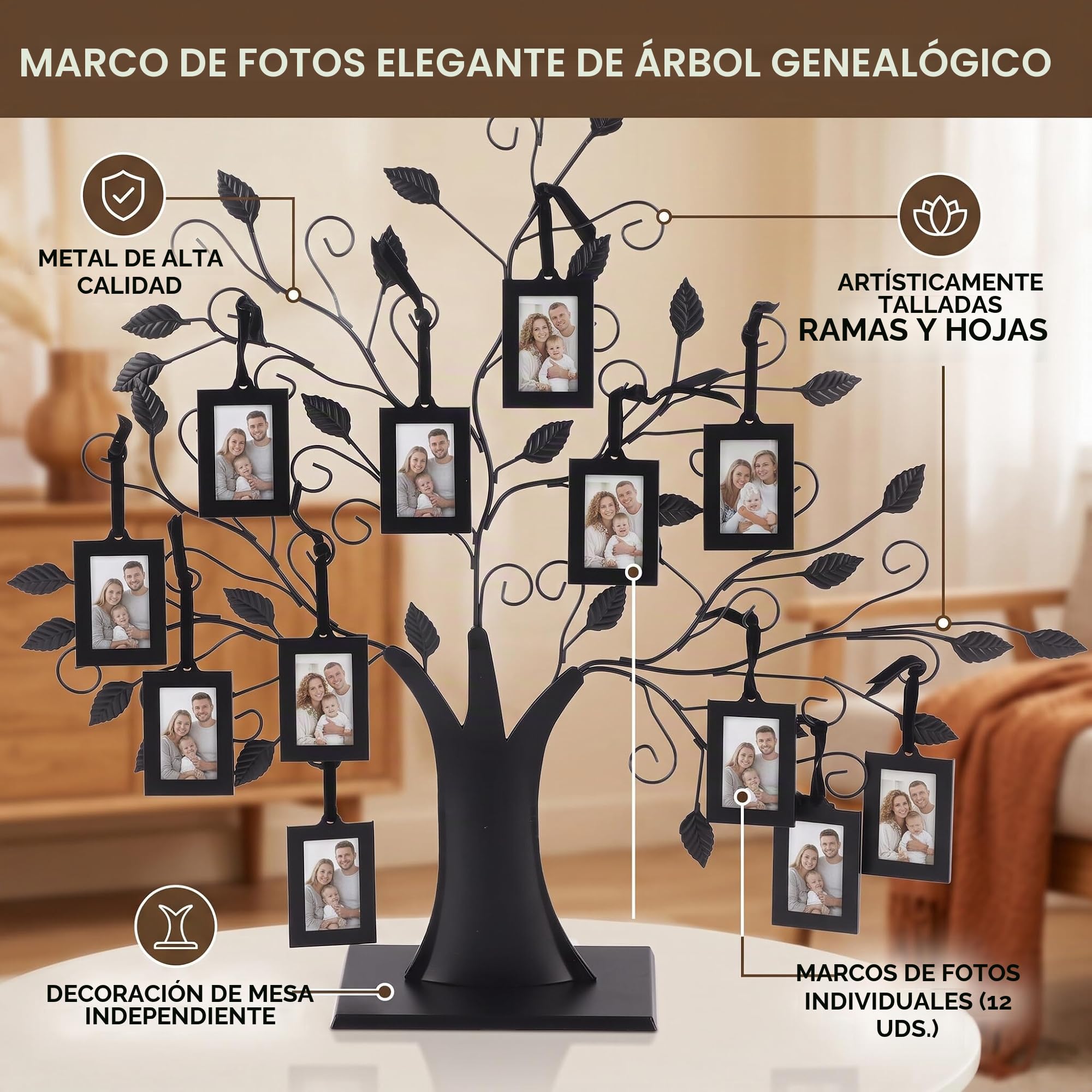 Ejoyous Arbol Genealogico para Fotos, Marco de Fotos de árbol Genealógico, 6 Colgantes/12 Fotos Colgantes Familiares, árbol de Visualización con Marcos de Fotos Colgantes(L-Con 12 marcos de fotos)