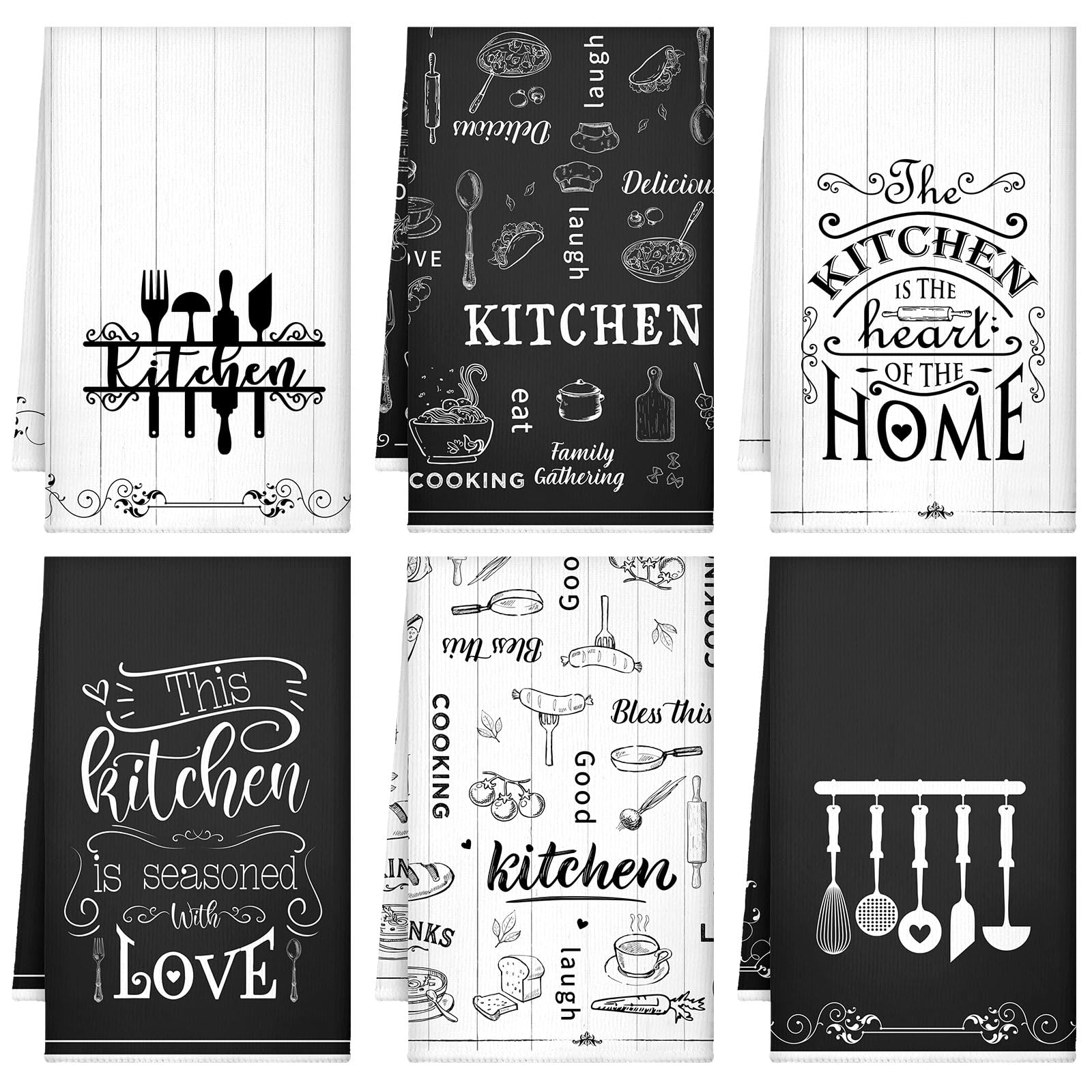 Bencailor 6 Pcs Home Kitchen Towels Decorative Sets Dish Towels Absorbent Fast Drying Hand Tea Vintage Hanging Reusable Cleaning Dishcloths for Cooking Farmhouse Bathroom Accessory