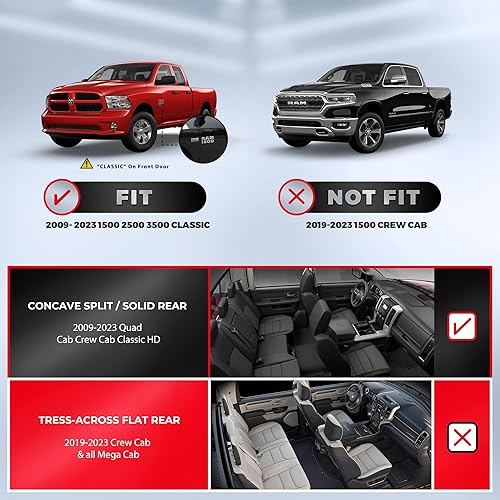 Miniatura 6 de FREESOO Juego completo de fundas de asiento de automóvil para Dodge Ram 2002-2023 1500 2500 3500 Classic Crew Quad Cab Funda de asiento de cuero con