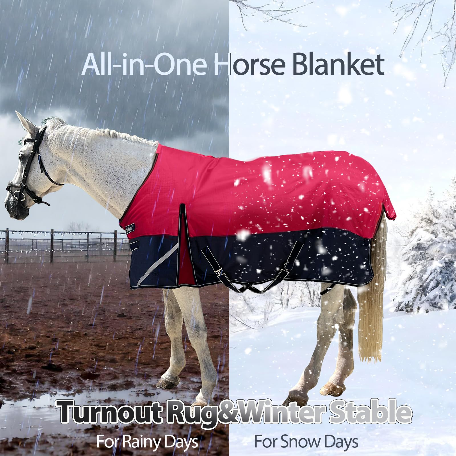 Coperta invernale impermeabile e traspirante per cavallo, 300 g, 1200 D, calda, con strisce riflettenti (rosso/blu, 203 cm)