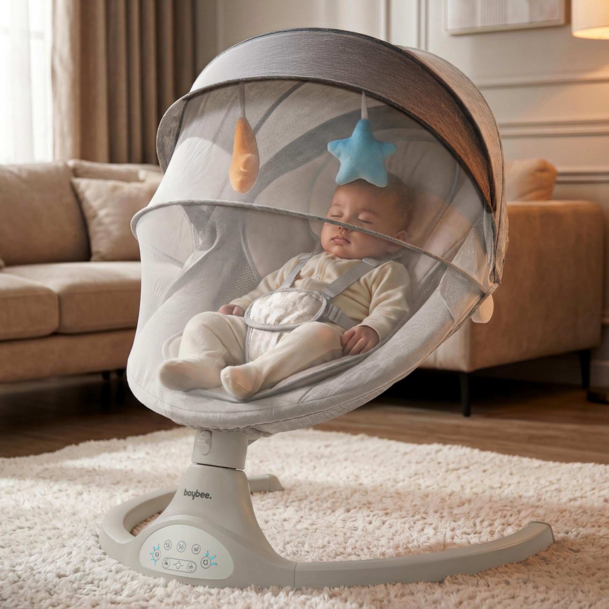 Baybee Premium Automatic Electric Baby Swing Cradle with Adjustable Speed, Soothing Music | Baby Rocker with Mosquito Net, Safety Belt & Removable Toys Swing for Baby (Grey)-image-35
