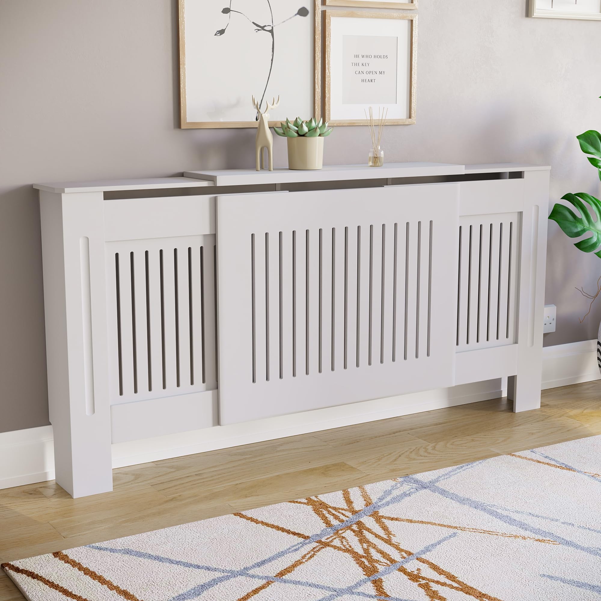 Vida Designs Chelsea Cubierta de radiador Blanco - Ajustable - Lamas Verticales Modernas para Mejor circulación del Calor - H82xW140-204xD20.5cm - MDF Pintado para salón y Pasillo