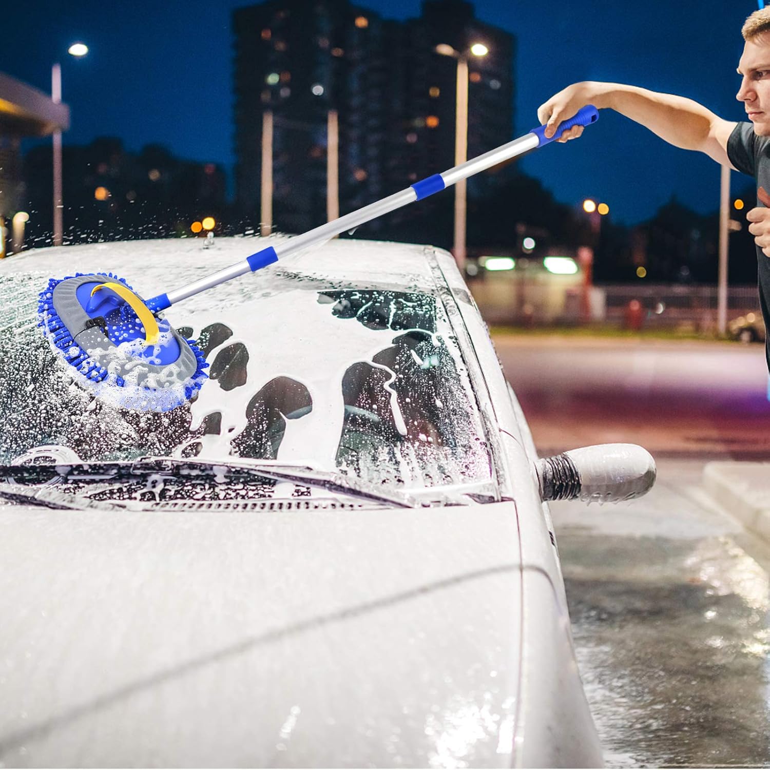 Conliwell 2 in 1 Car Wash Brush Mop Mitt Kit, Car Cleaning Kit Brush Duster, 45" Aluminum Alloy Long Handle, 2Pcs Chenille Microfiber Mop Heads, Extension Pole, Scratch Free Car Cleaning Tool Supplies : Automotive