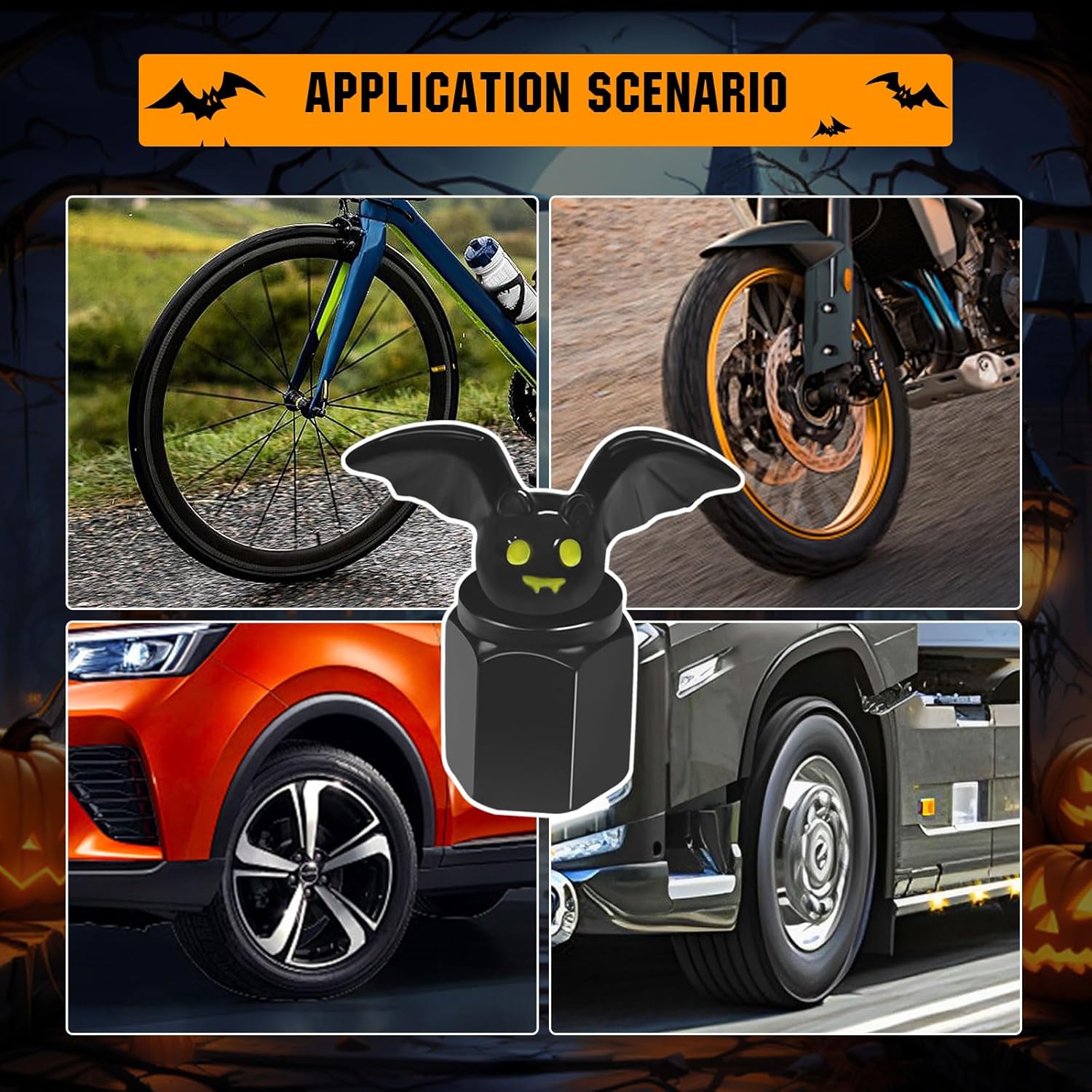 Bat Tire Stem Caps, 4 Pcs Cute Halloween Car Decor, Tire Valve Stem Cap with O-Ring, Suitable for Cars, SUVs, Trucks,Motorcycles, and Bicycles. - Image 4