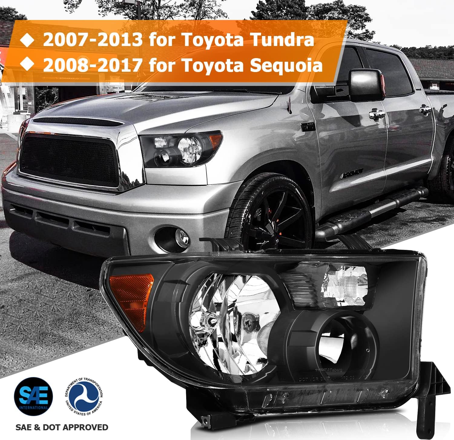 Headlight assembly Fit For Toyota Sequoia 2008-2017,For Toyota Tundra 2007-2013 Black Housing Amber Reflector Clear Lens Driver and Passenger Side 811500C051 TO2503171