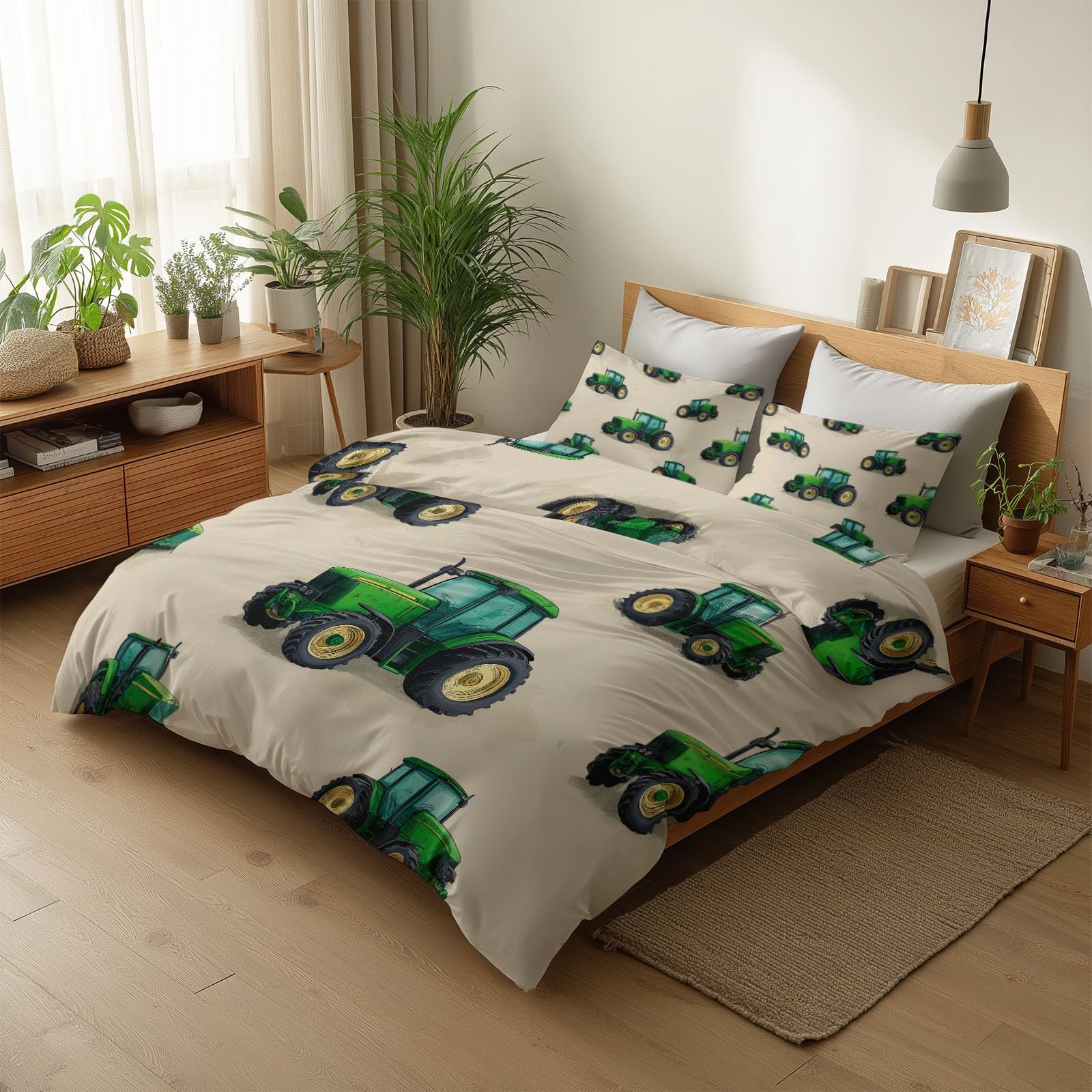 Juego de Funda Nórdica 3 Piezas para Cama 105 - Funda Edredón Reversible 180x220 cm Tractor Verde De Dibujos Animados, Ropa de Cama Beige para Cama Individual y Matrimonio